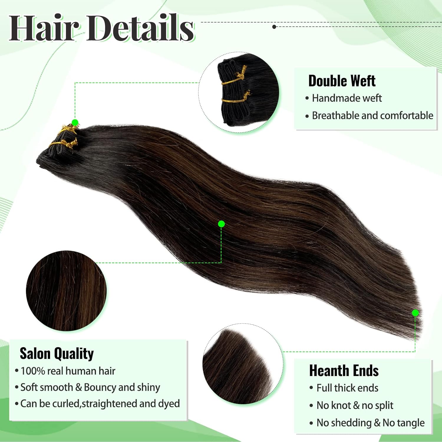 14 Inch 70g 5pc Balayage Black Brown Remy Human Hair Clip In Extensions Double Weft - Image 2