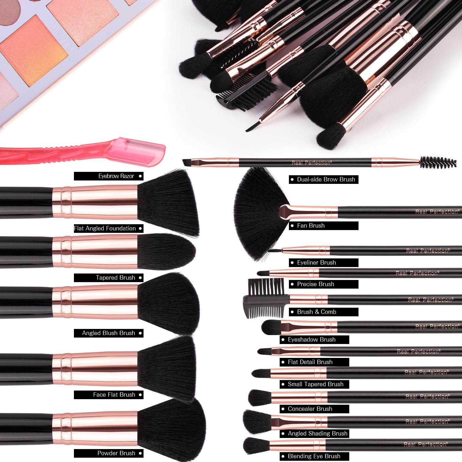 Real Perfection Makeup Brush Set 16 Pcs with 1 Eyebrow Razor Premium Synthetic Foundation Powder Concealers Eyeshadow Blush Makeup Brushes Make up Brushes Kit (Black) - Image 2