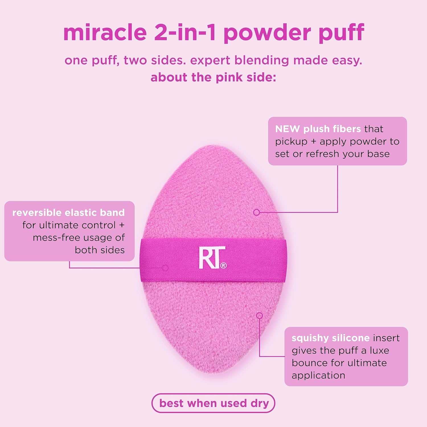 Real Techniques Miracle 2-In-1 Powder Puff 2 Pack, Dual-Sided, Full Size Makeup Blending Puff, Reversible Elastic Band, Makeup Sponge & Powder Puff, For Liquid, Cream & Powder Products, Crulety-Free - Image 4