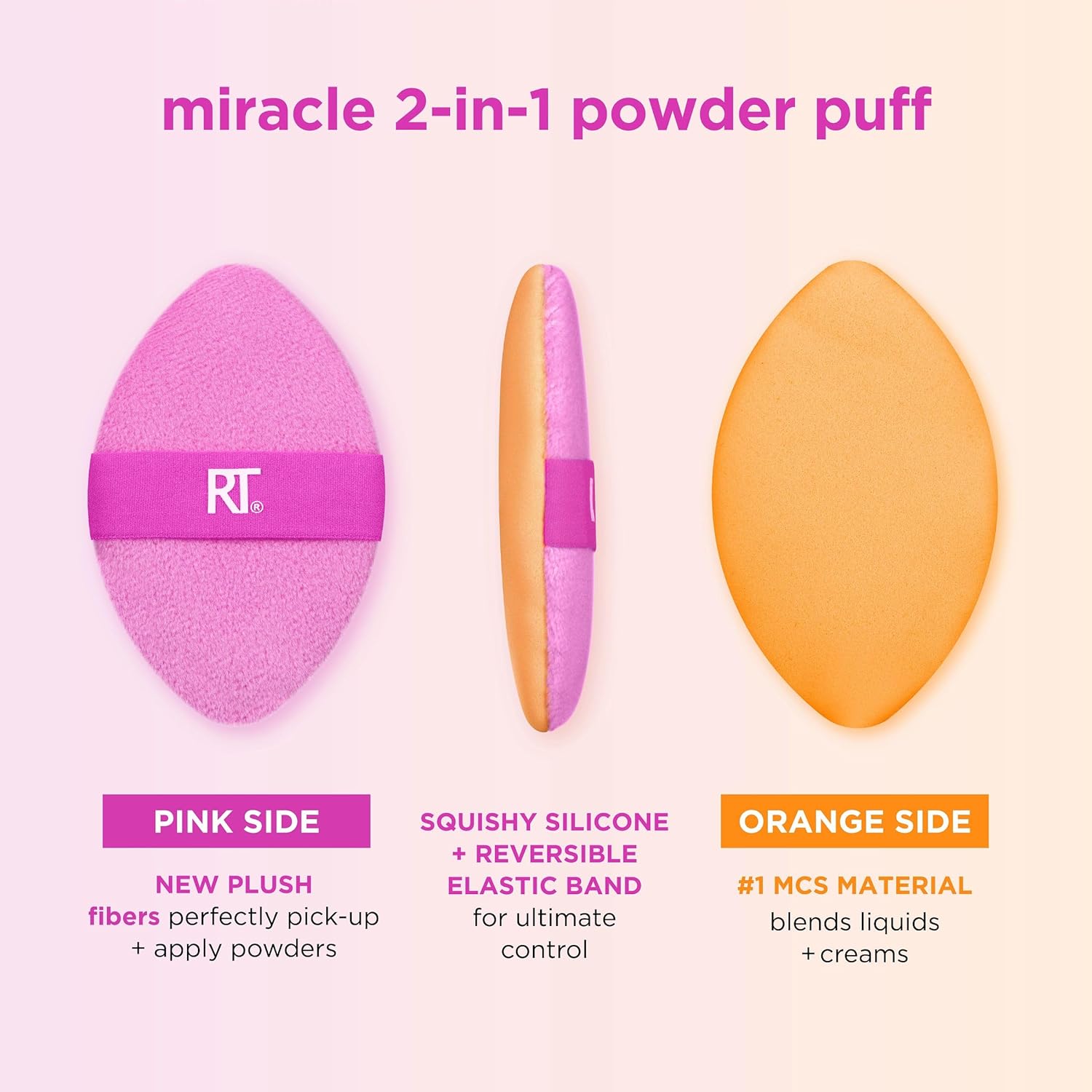 Real Techniques Miracle 2-In-1 Powder Puff 2 Pack, Dual-Sided, Full Size Makeup Blending Puff, Reversible Elastic Band, Makeup Sponge & Powder Puff, For Liquid, Cream & Powder Products, Crulety-Free - Image 3