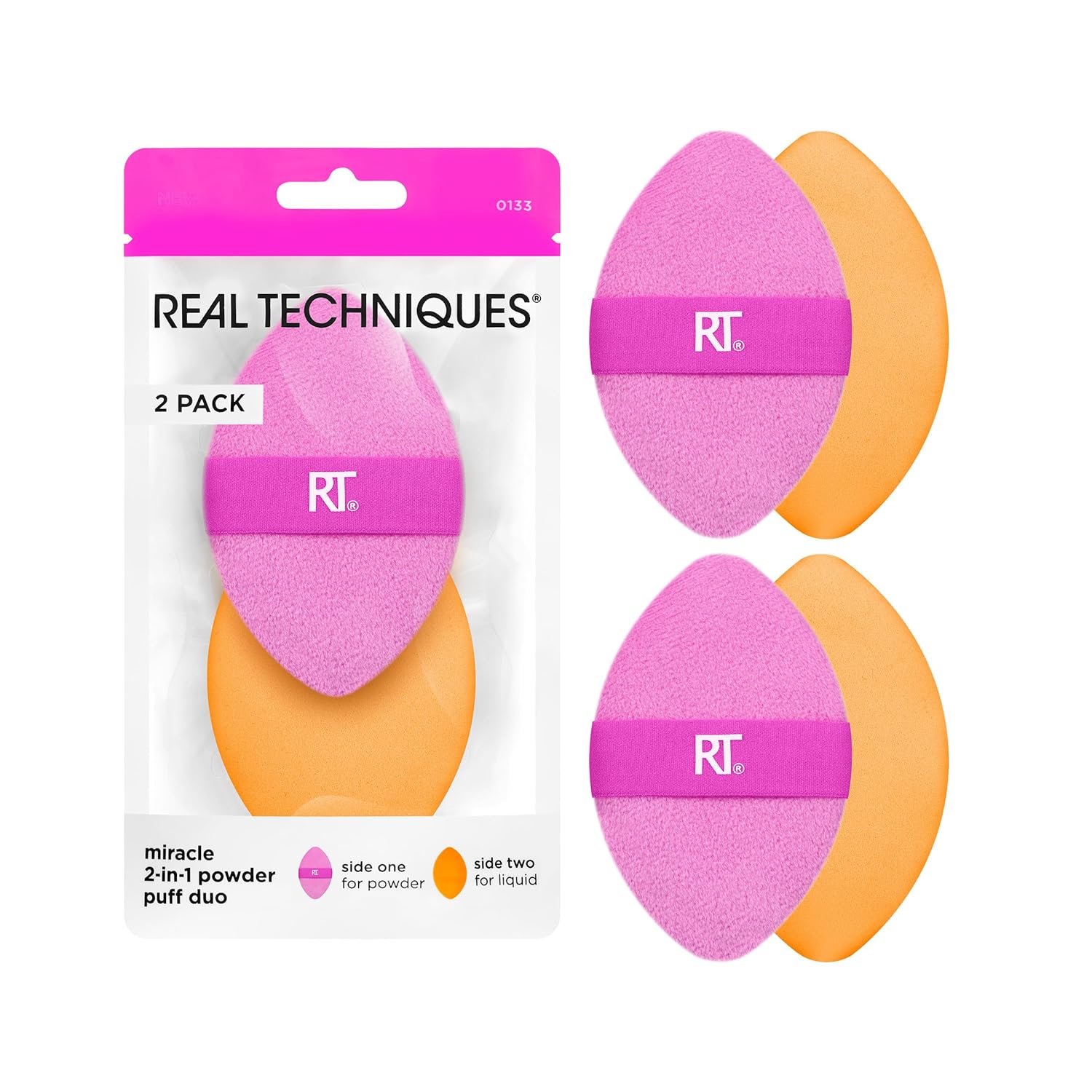 Real Techniques Miracle 2-In-1 Powder Puff 2 Pack, Dual-Sided, Full Size Makeup Blending Puff, Reversible Elastic Band, Makeup Sponge & Powder Puff, For Liquid, Cream & Powder Products, Crulety-Free