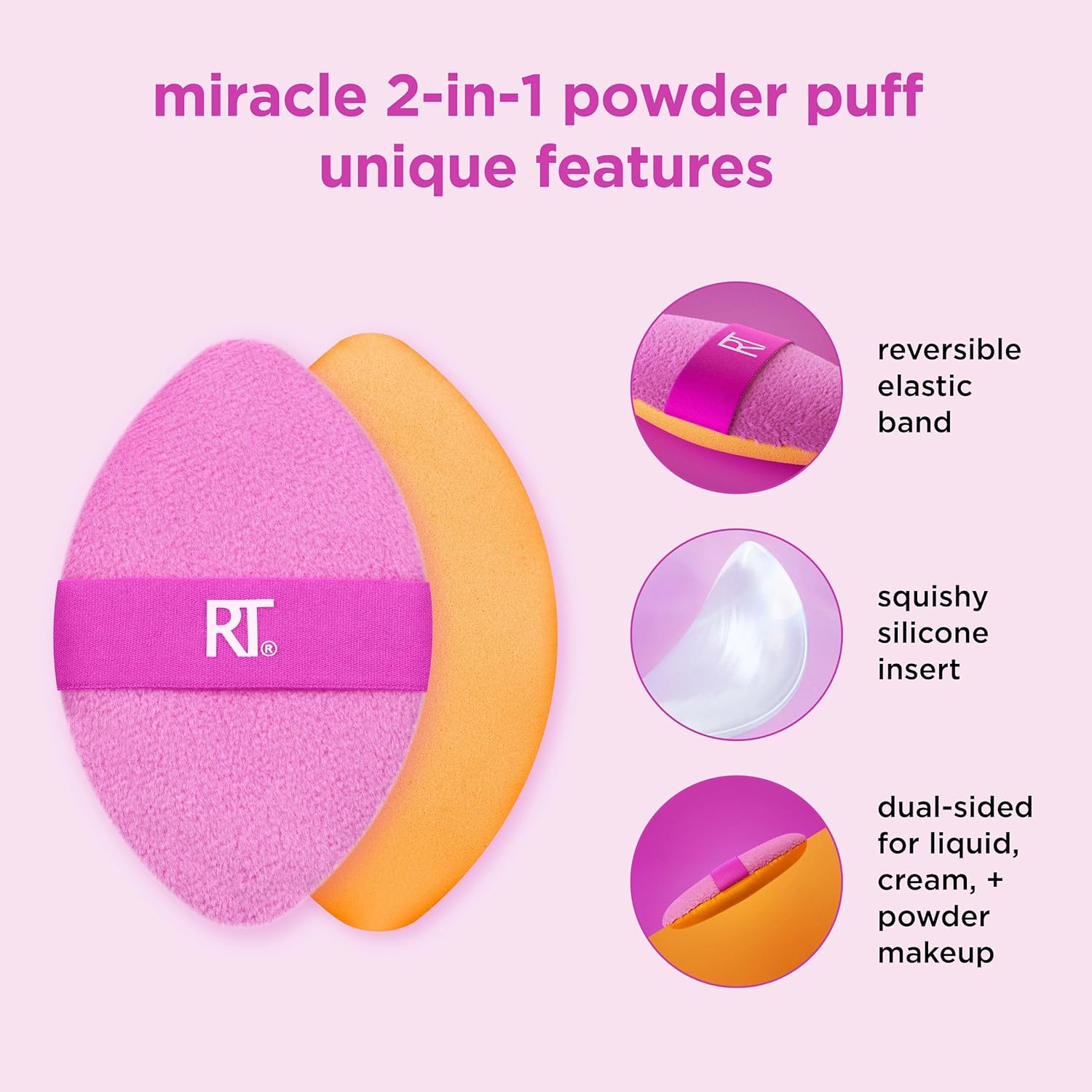 Real Techniques Miracle 2-In-1 Powder Puff 2 Pack, Dual-Sided, Full Size Makeup Blending Puff, Reversible Elastic Band, Makeup Sponge & Powder Puff, For Liquid, Cream & Powder Products, Crulety-Free - Image 6