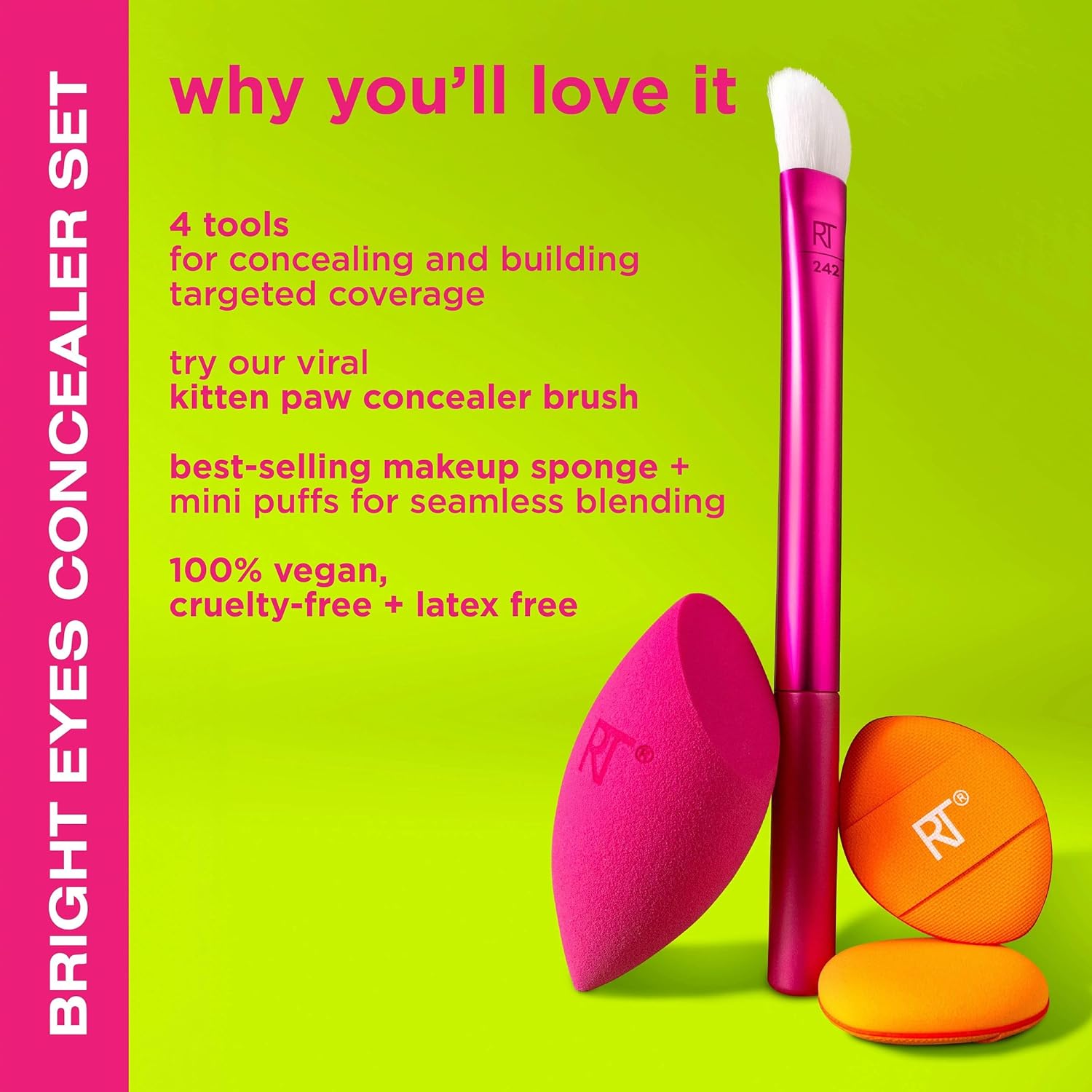 Real Techniques Vivid Escape Bright Eyes Concealer 4 Piece Set, Includes Kitten Paw Makeup Brush, Powder Puff, & Concealer Makeup Blending Sponge, Targeted Concealing, Travel Friendly, Cruelty-Free - Image 2