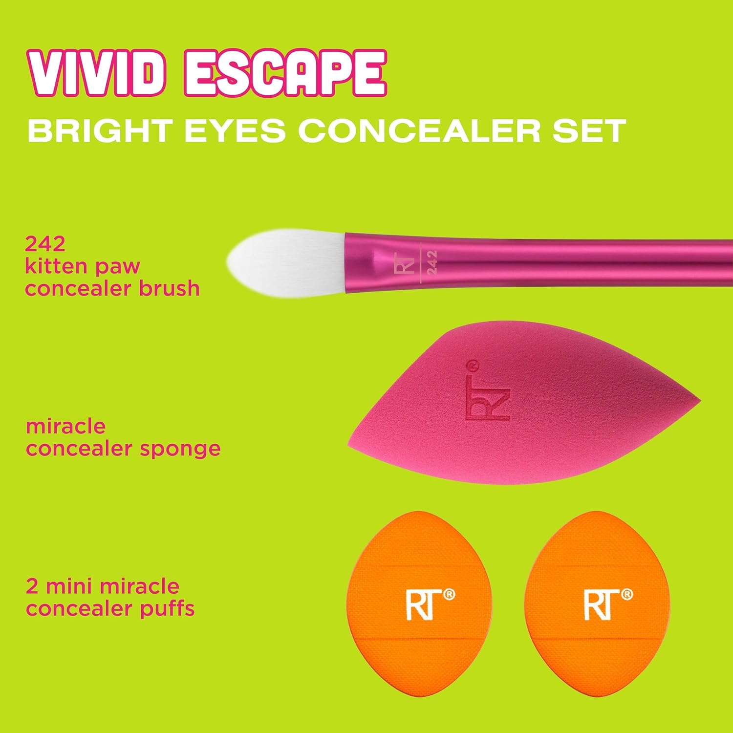 Real Techniques Vivid Escape Bright Eyes Concealer 4 Piece Set, Includes Kitten Paw Makeup Brush, Powder Puff, & Concealer Makeup Blending Sponge, Targeted Concealing, Travel Friendly, Cruelty-Free - Image 3
