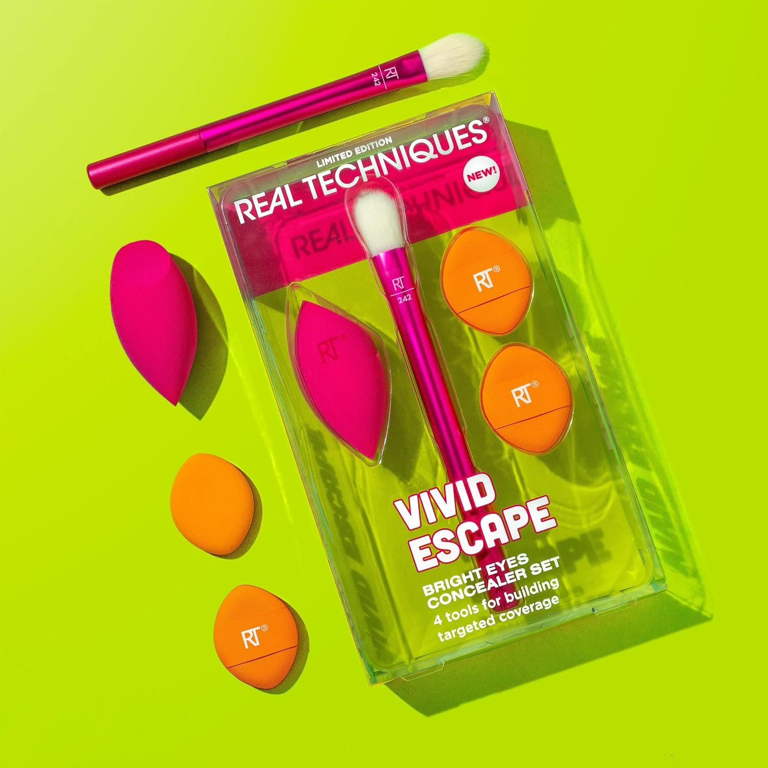 Real Techniques Vivid Escape Bright Eyes Concealer 4 Piece Set, Includes Kitten Paw Makeup Brush, Powder Puff, & Concealer Makeup Blending Sponge, Targeted Concealing, Travel Friendly, Cruelty-Free - Image 6