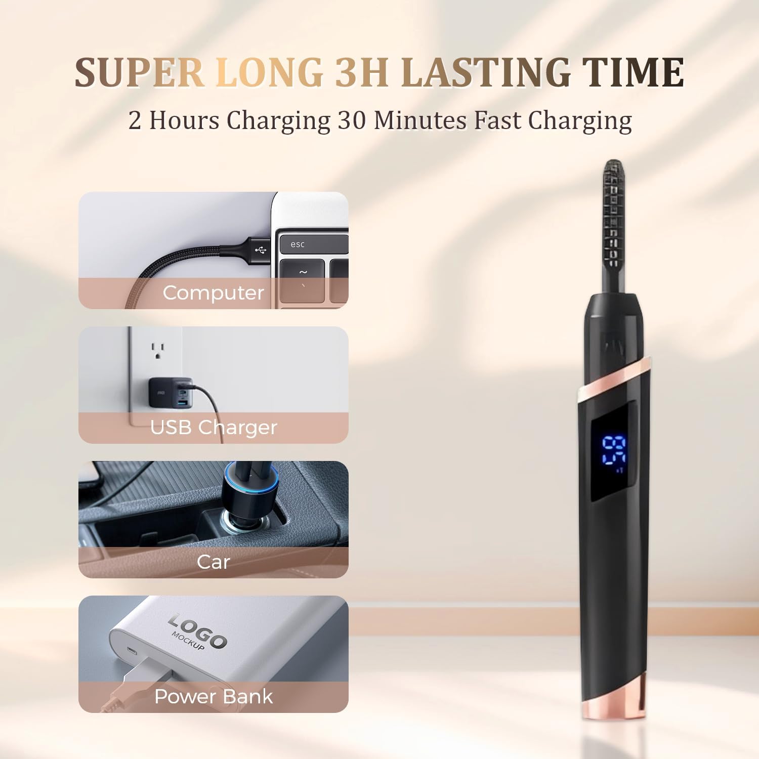 Rechargeable Heated Eyelash Curler Black 4 Heat Settings LED Display with Brush - Image 6