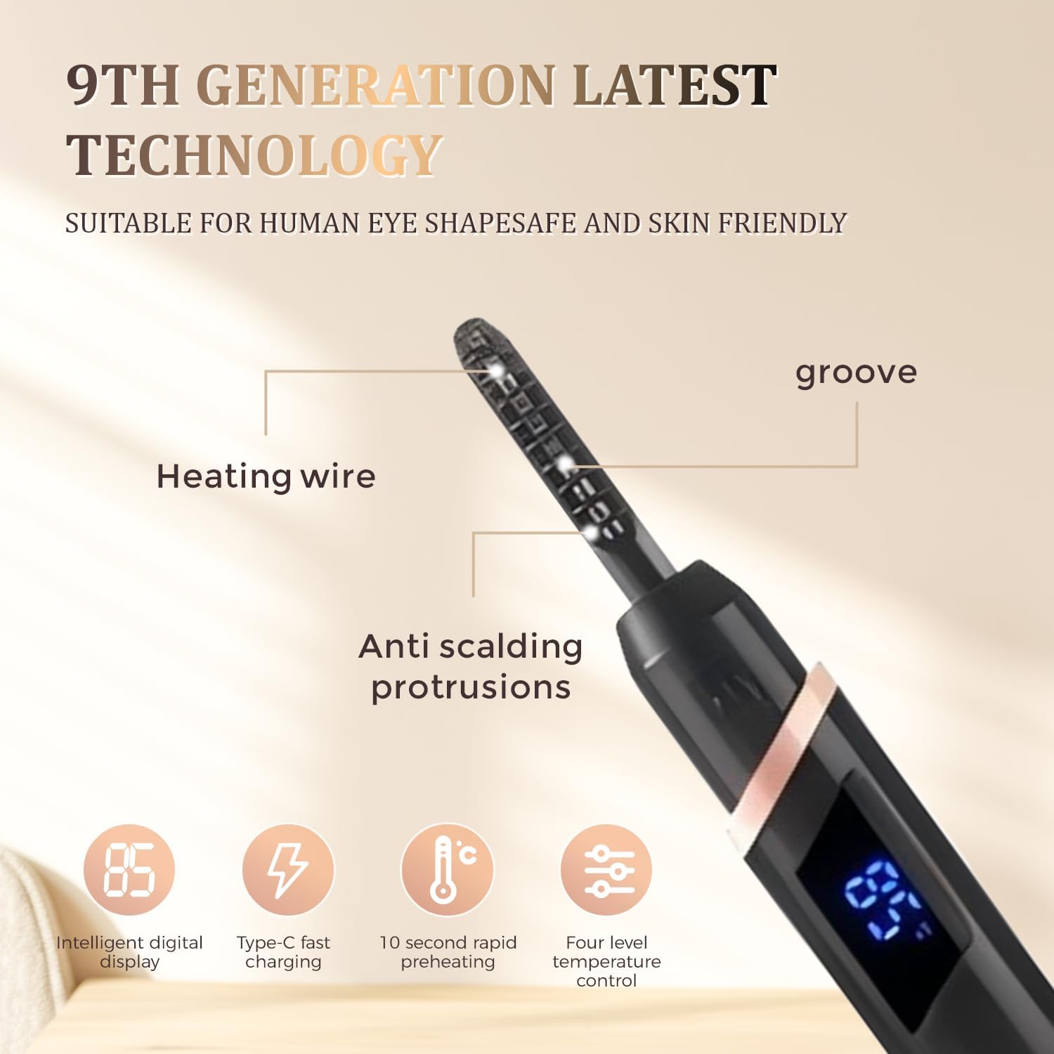 Rechargeable Heated Eyelash Curler Black 4 Heat Settings LED Display with Brush - Image 7