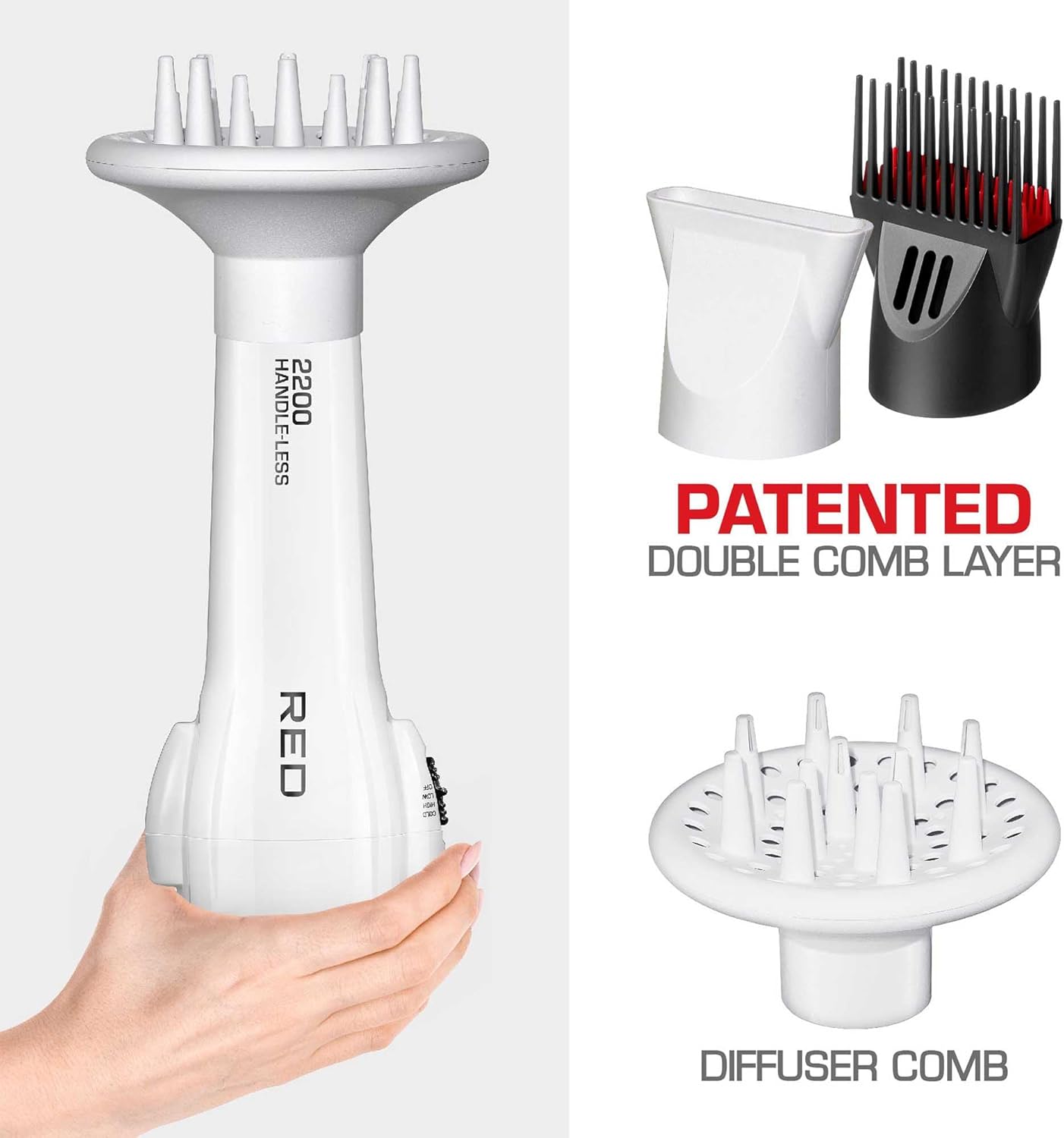 Red by KISS HandleLess Blow Dryer 2200W Ceramic Tourmaline White Color, 3 Heat Settings, Pik and Diffuser Included Comfortable Grip, Ionic for Frizz-Free Shine, Detangler & Straightening - Image 4