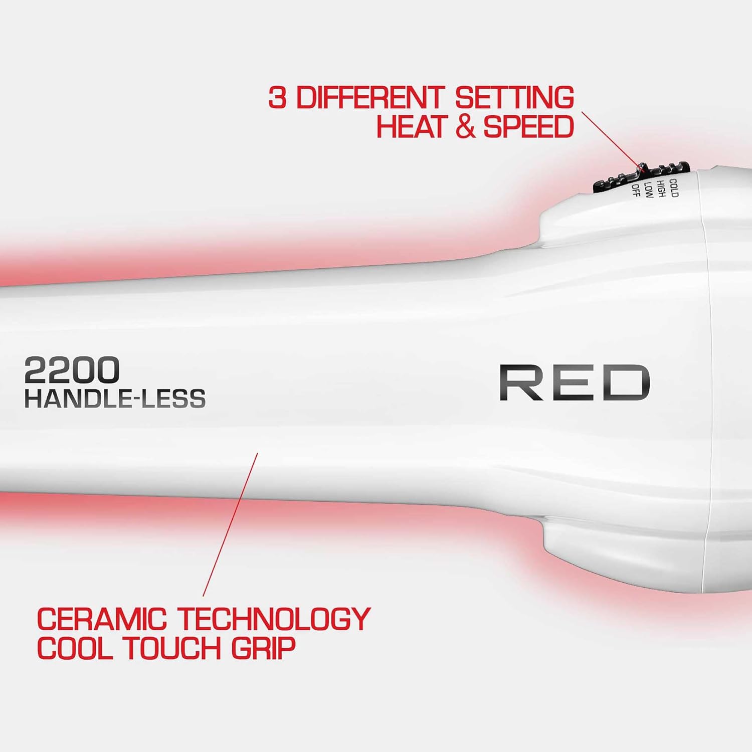 Red by KISS HandleLess Blow Dryer 2200W Ceramic Tourmaline White Color, 3 Heat Settings, Pik and Diffuser Included Comfortable Grip, Ionic for Frizz-Free Shine, Detangler & Straightening - Image 5
