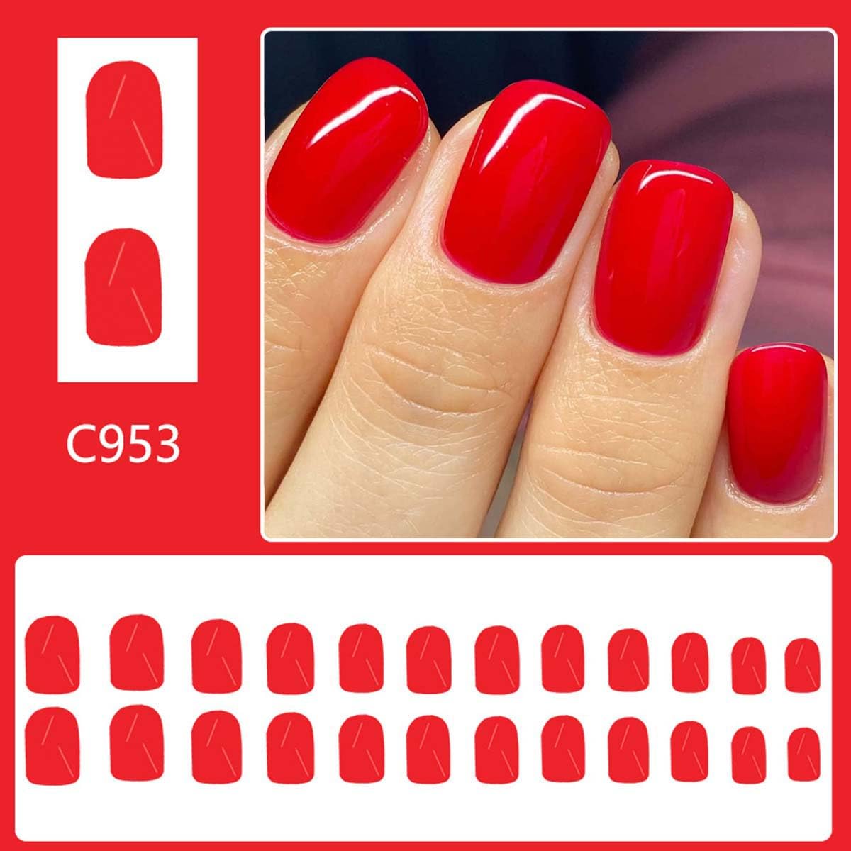 Red Press on Nails Short Fake Nails Square False Nails Press ons with Solid Color Designs Reusable Acrylic Nails Glossy Full Cover Stick on Nails for Women Manicure 24 Pcs - Image 3