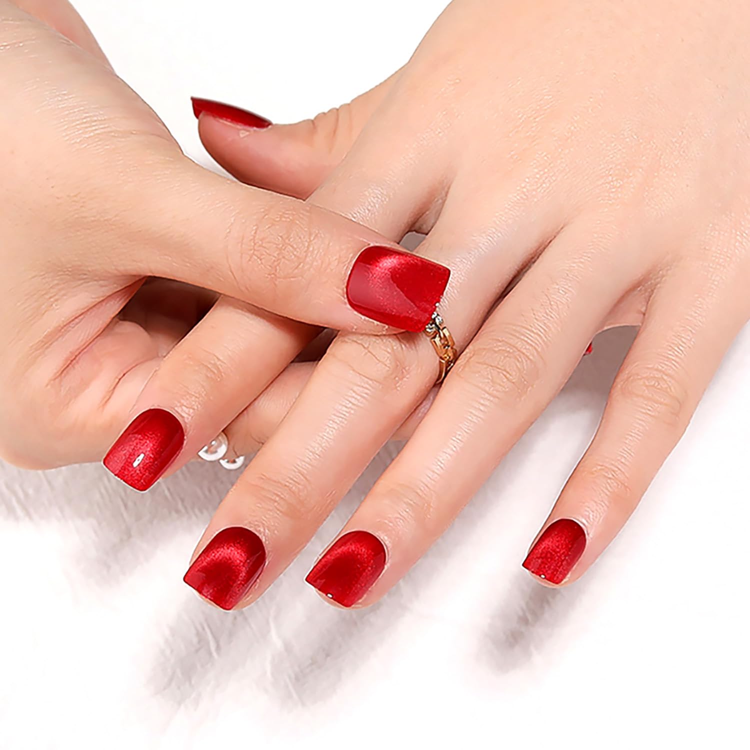 Red Press on Nails Short Square, Cat Eye Press on Nails, Fashion Gel Fake Nails, Reusable Acrylic Fake Nails, Glossy Stick on Nails for Women Girls Gift, Glue on Nails Kit, 24 Pcs, Ruby Flash - Image 2