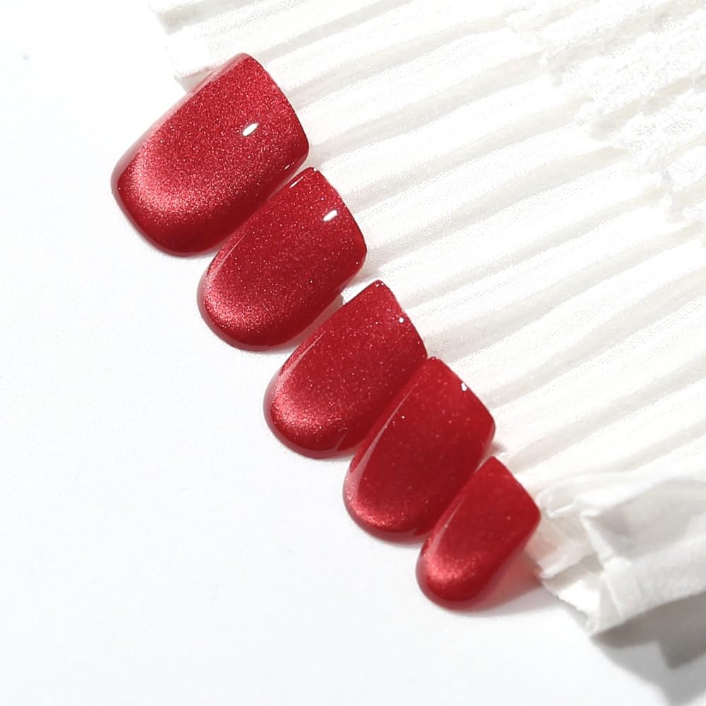 Red Press on Nails Short Square, Cat Eye Press on Nails, Fashion Gel Fake Nails, Reusable Acrylic Fake Nails, Glossy Stick on Nails for Women Girls Gift, Glue on Nails Kit, 24 Pcs, Ruby Flash - Image 4