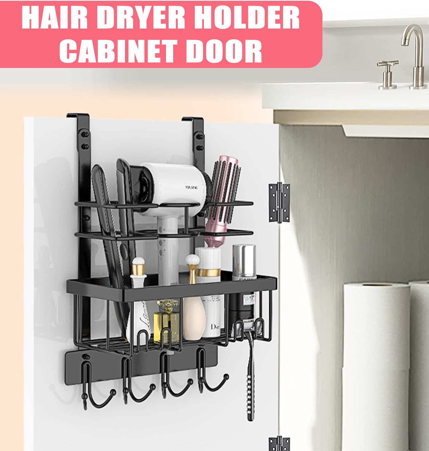 REFLYING Over-the-Door Hairdryer and Styling Tool Organizer, Metal, Black, 3 Compartments, 8 Hooks, 15"H x 10"W x 4.7"D - Image 2