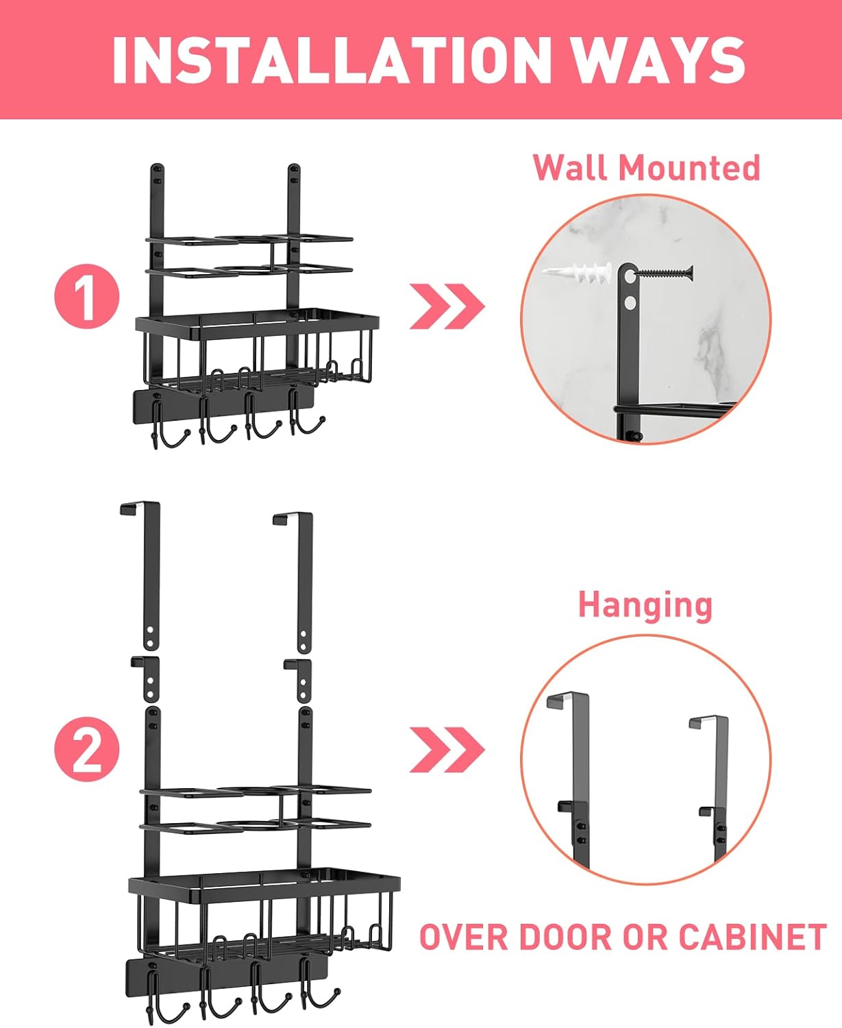 REFLYING Over-the-Door Hairdryer and Styling Tool Organizer, Metal, Black, 3 Compartments, 8 Hooks, 15"H x 10"W x 4.7"D - Image 6