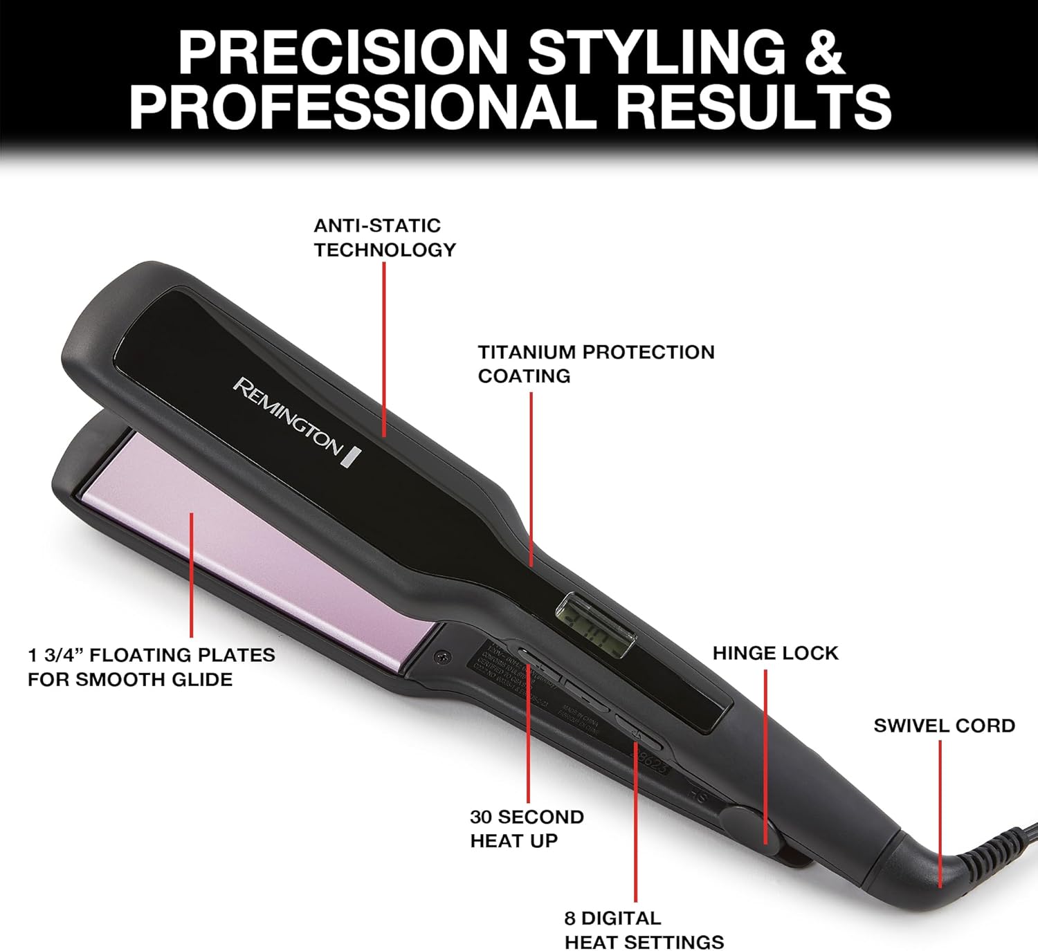 Remington 1 3/4" Flat Iron, Hair Straightener with Anti-Static Technology, 30-Second Heat Up & 60 Minute Auto Shut-off, 30% Longer Ceramic Floating Plates, Titanium + Ceramic Coating - Image 2