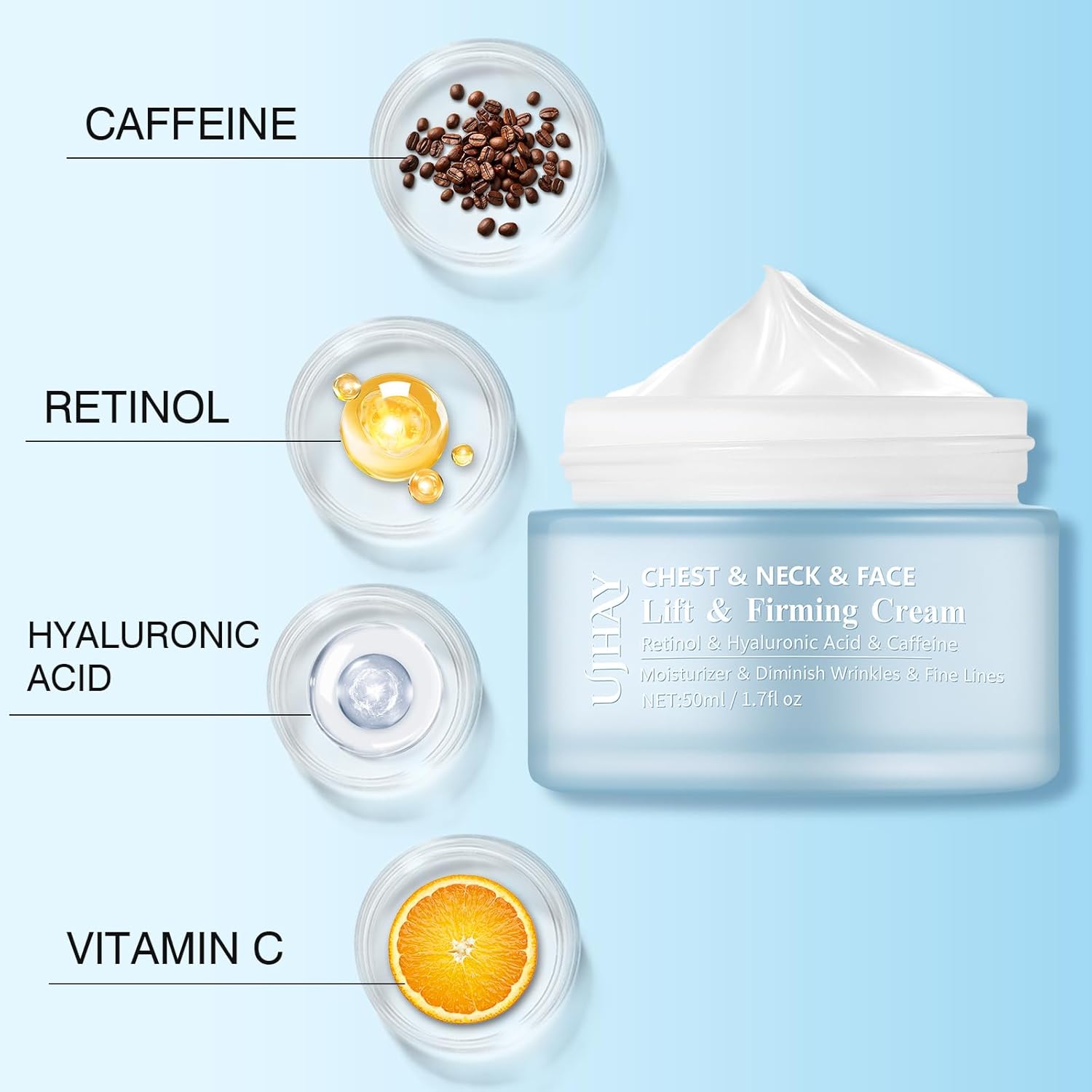 Retinol Neck Cream, Hyaluronic Acid and Caffeine Enriched Neck Firming Cream to Minimize Fine Lines & Dullness - 3-in-1 Moisturizing Cream for Neck, Chest and Face (50 ml/1.7 oz) - Image 2