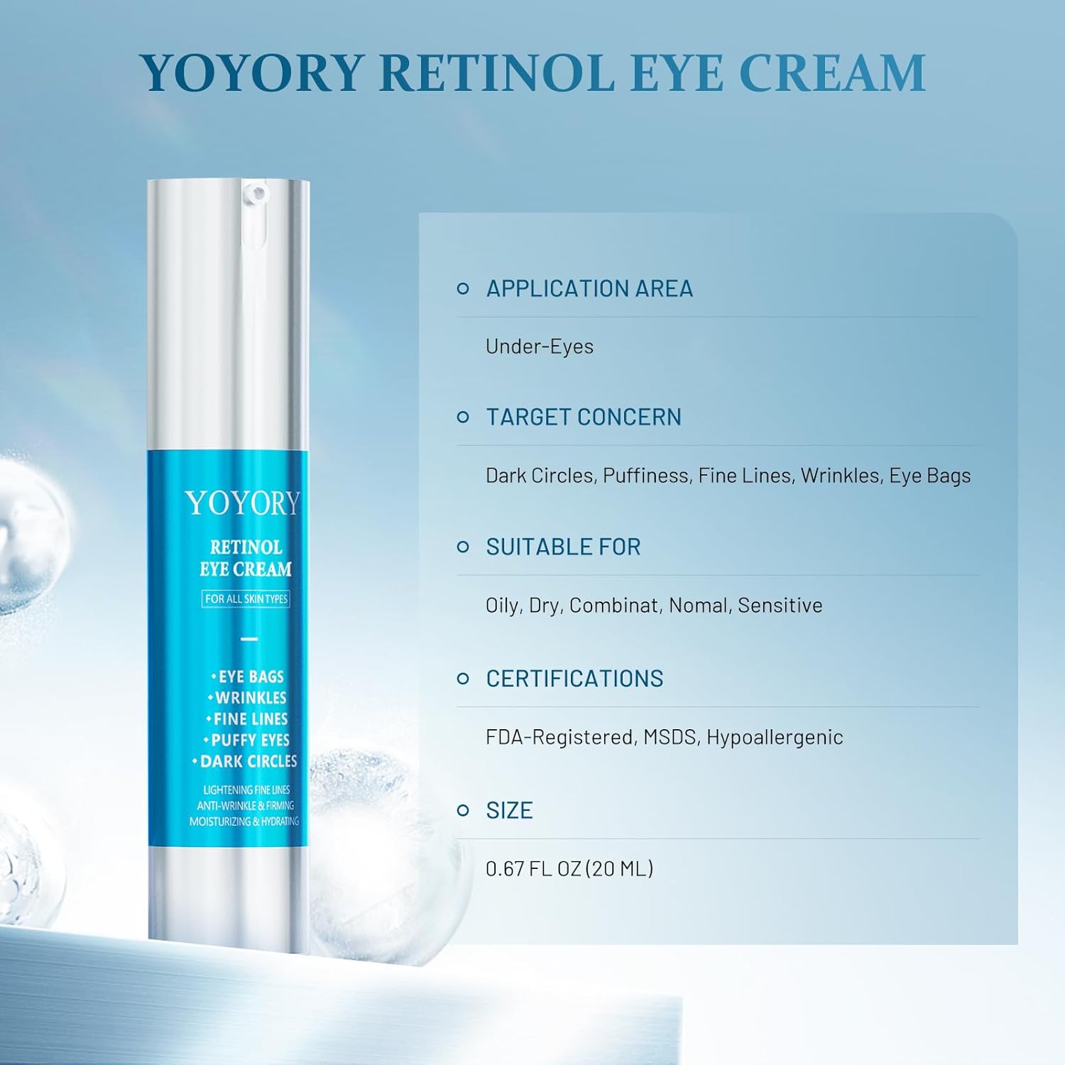 Retinol Under Eye Cream - Eye Cream for Eye Bags, Dark Circles, and Fade Wrinkles, Fine Lines Skin Care Treatment for Women and Men, 20ML blue - Image 2