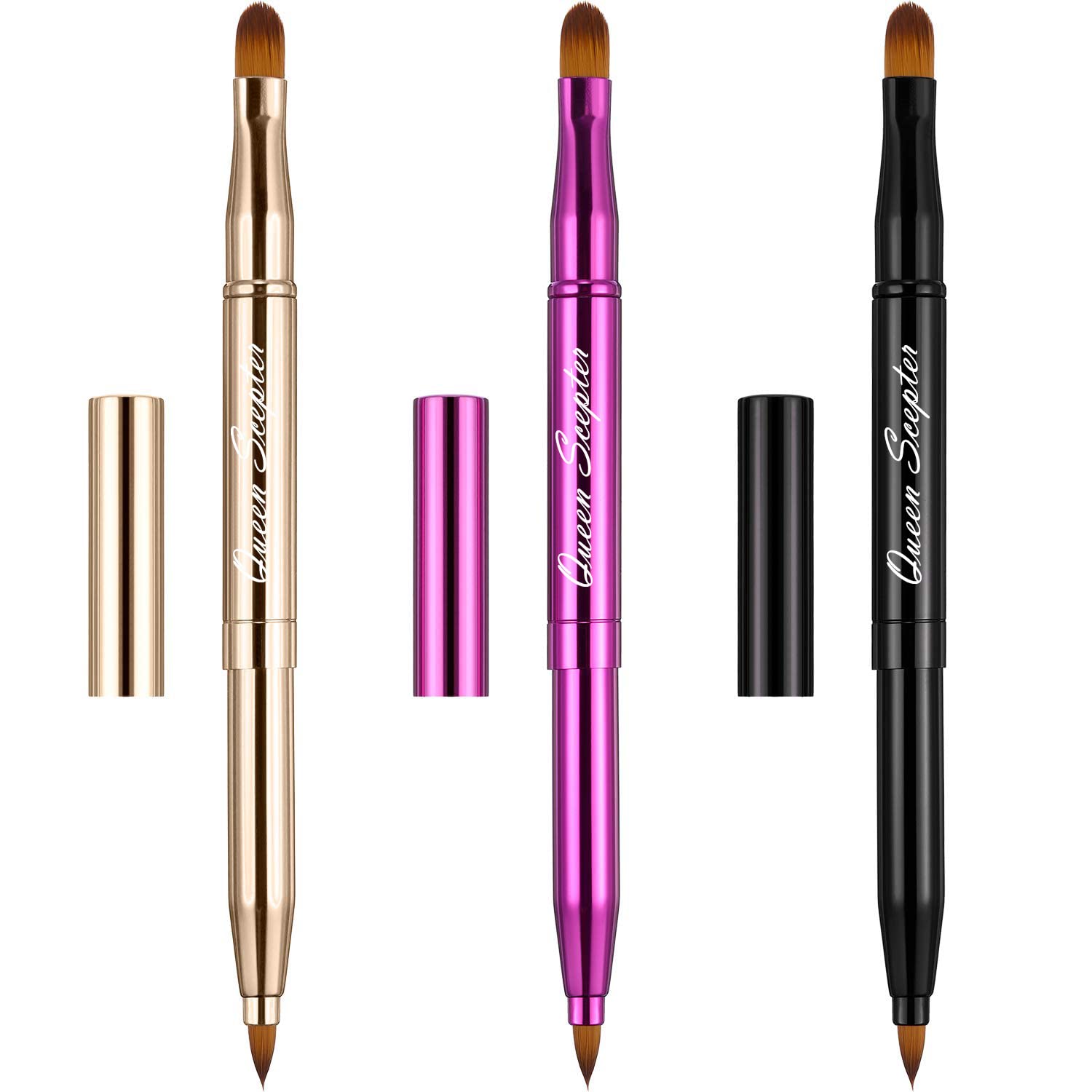 Retractable Dual End Lip Brush Concealer Brush with Cap, Lipstick Eyeshadow Foundation Makeup Brushes Gold, Black, Purple - Image 2