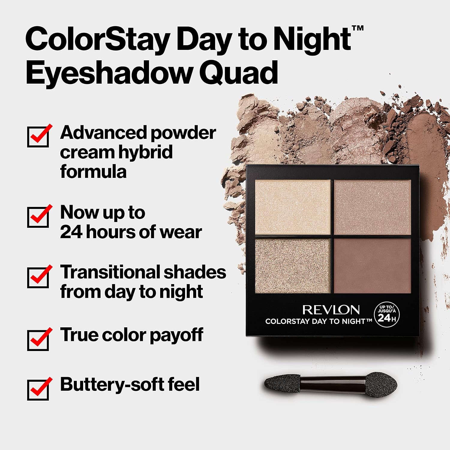 Revlon ColorStay Day to Night Eyeshadow Quad, Longwear Shadow Palette with Transitional Shades and Buttery Soft Feel, Crease & Smudge Proof, 500 Addictive, 0.16 oz - Image 3