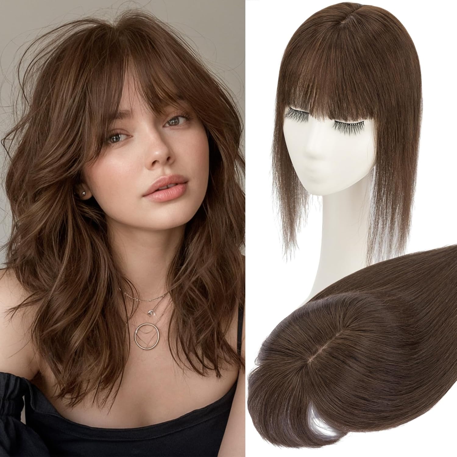 Rich Choices Real Human Hair Toppers for Women 3D Cover Clip in Bangs 100% Remy Human Clip in Silk Base Hair Topper with Bang for Thinning 150% Density 10 Inch #2R Chocolate Brown