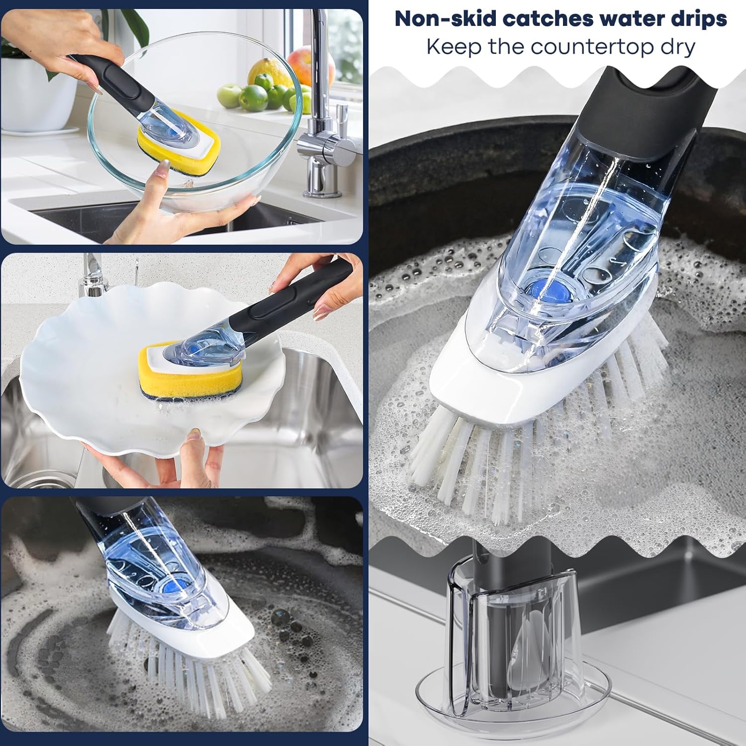 RIMAY Dish Brush with Soap Dispenser Storage Set with 2 PCS Brush Refills & Holder, Dish Scrubber with Soap Dispenser, Dish Soap Brush, Dish Wand with Soap Dispenser for Dishes, Pans, Sink, Pots - Image 5