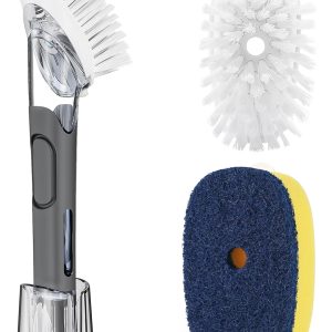 RIMAY Dish Brush with Soap Dispenser Storage Set with 2 PCS Brush Refills & Holder, Dish Scrubber with Soap Dispenser, Dish Soap Brush, Dish Wand with Soap Dispenser for Dishes, Pans, Sink, Pots