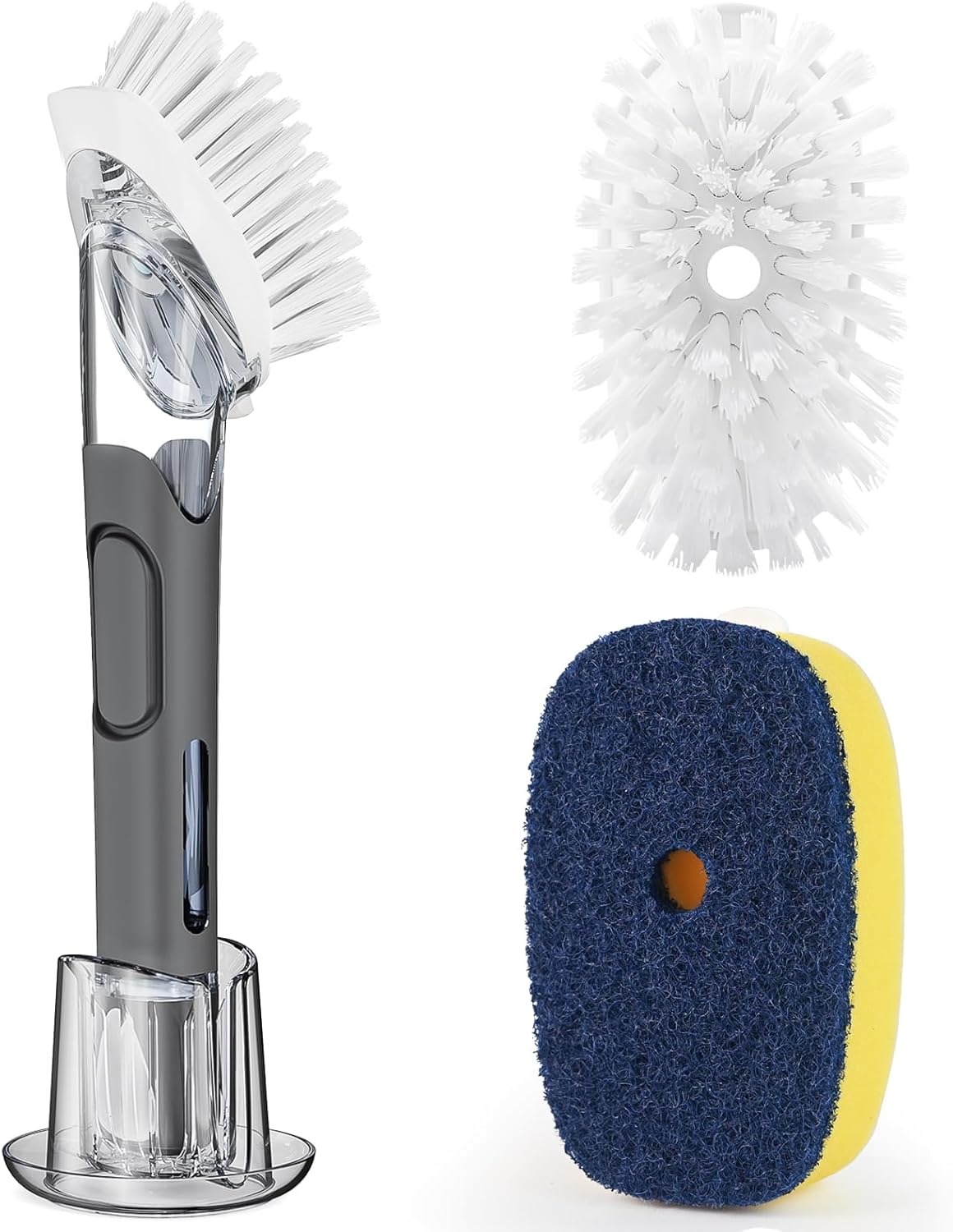 RIMAY Dish Brush with Soap Dispenser Storage Set with 2 PCS Brush Refills & Holder, Dish Scrubber with Soap Dispenser, Dish Soap Brush, Dish Wand with Soap Dispenser for Dishes, Pans, Sink, Pots