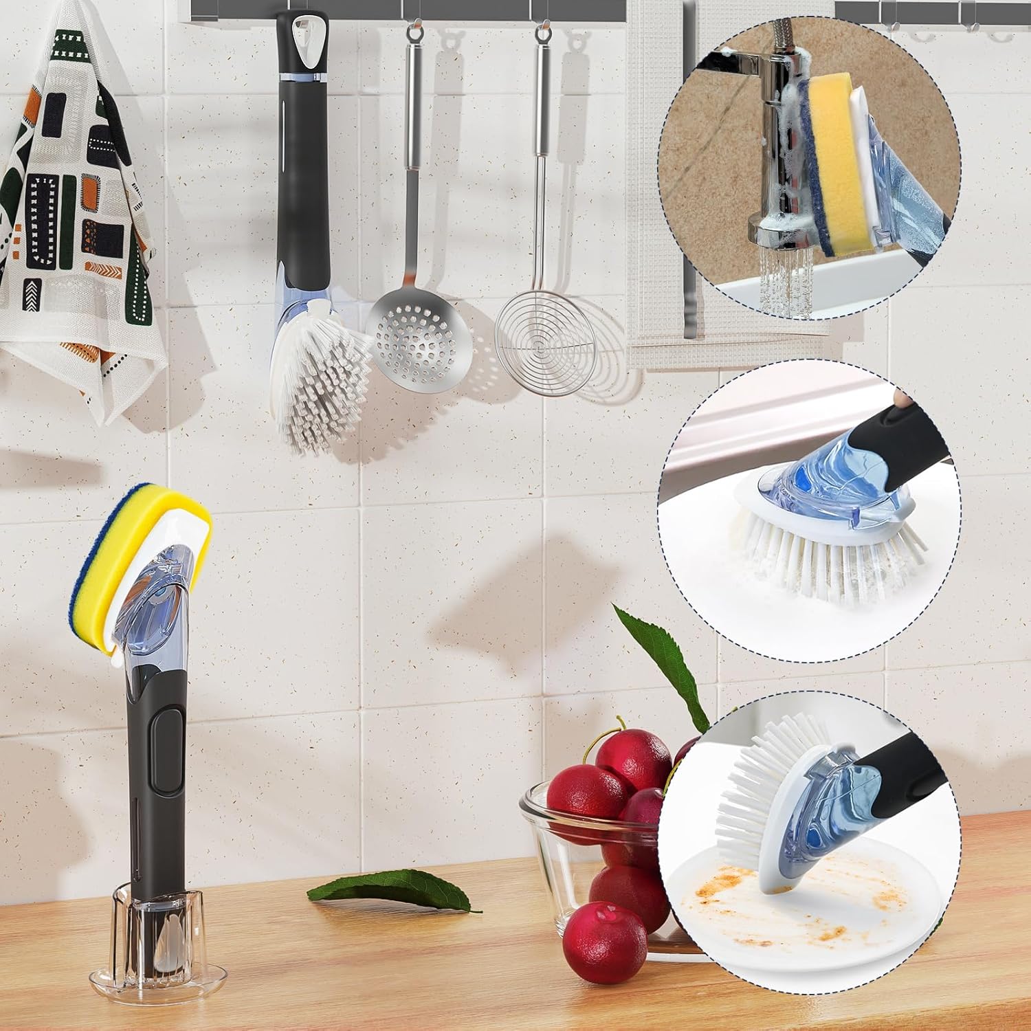RIMAY Dish Brush with Soap Dispenser Storage Set with 2 PCS Brush Refills & Holder, Dish Scrubber with Soap Dispenser, Dish Soap Brush, Dish Wand with Soap Dispenser for Dishes, Pans, Sink, Pots - Image 7