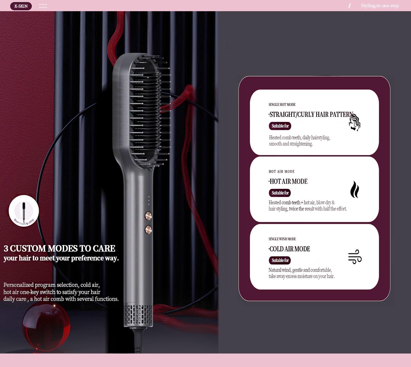 Ring Hair Straightener Comb and Blow Dryer 2 in 1 for Women, Ceramic Tourmaline Constant Temperature Control, 30s Fast Heating, 3 Optional Mode, Cold Air Hot Air and Straight Hair - Image 3