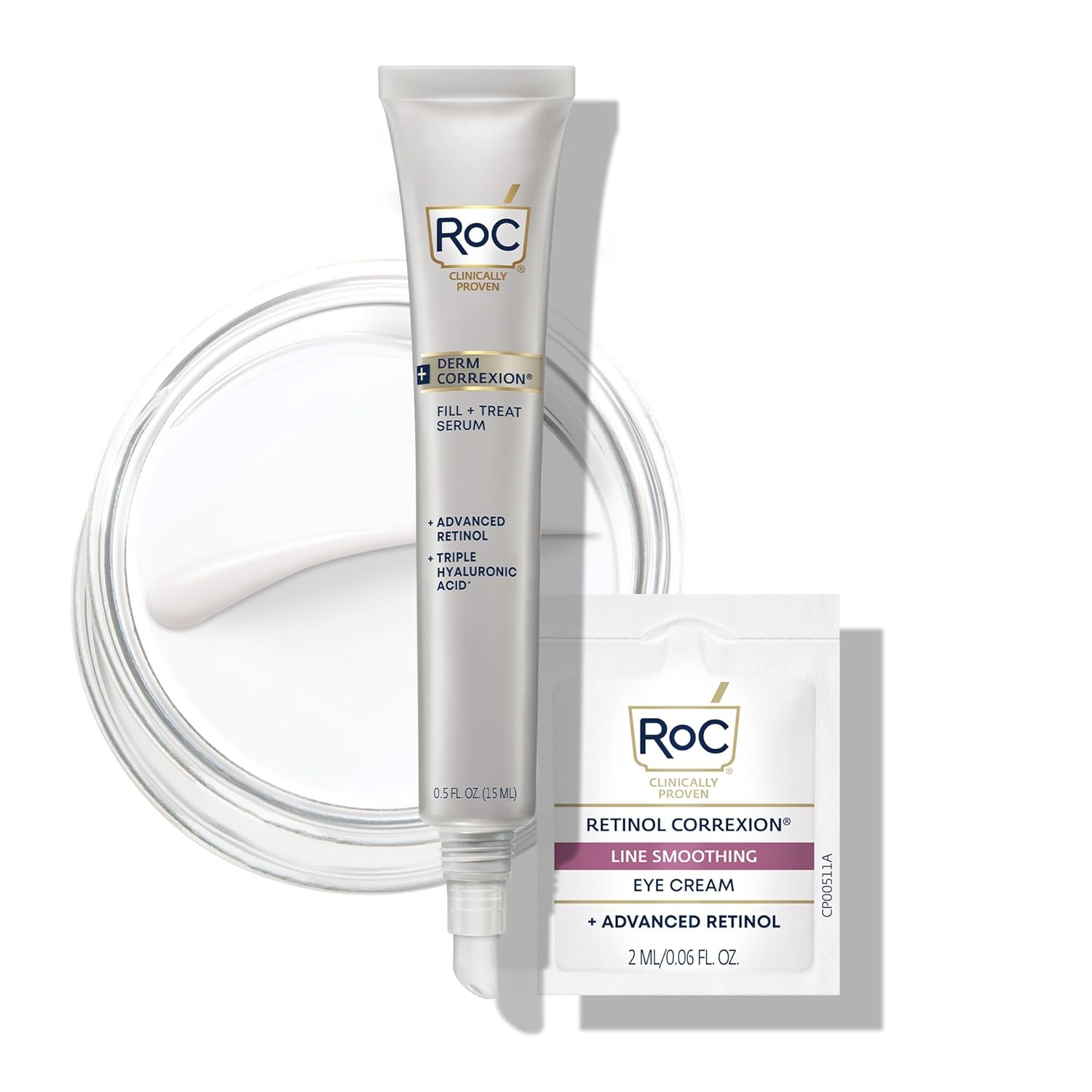 RoC Derm Correxion Fill + Treat Advanced Retinol Serum, Wrinkle Filler Treatment with Hyaluronic Acid for Crow's Feet, 11 Wrinkles, & Laugh Lines, (.5 fl oz) with Retinol Packette (Packaging May Vary)