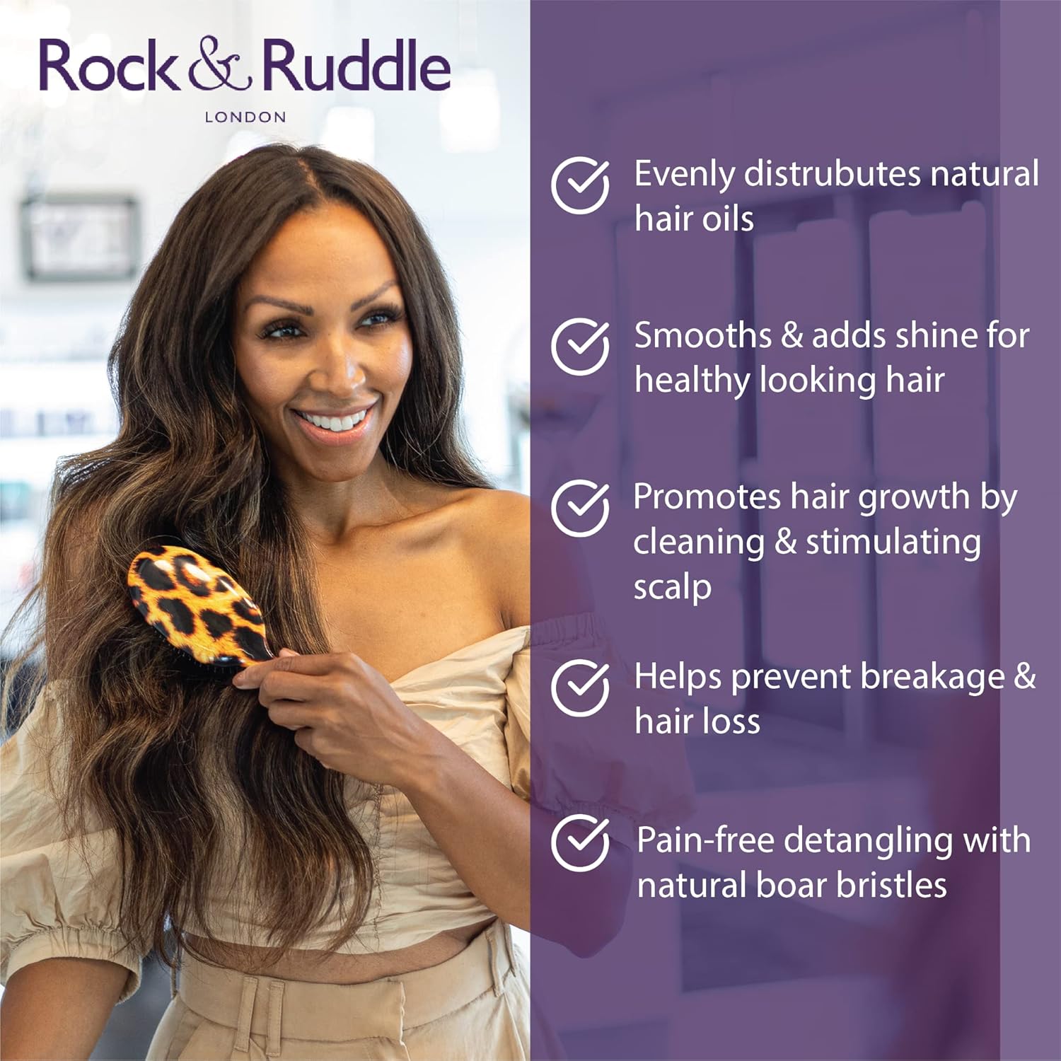 Rock & Ruddle Natural Mixed Boar Bristle Hair Brush for Women and Kids (Small 6.9") - Perfect for Wet or Dry Hair, Detangling Smoothing Blowdrying - Designed & Made in UK - Black Stardust Design - Image 4