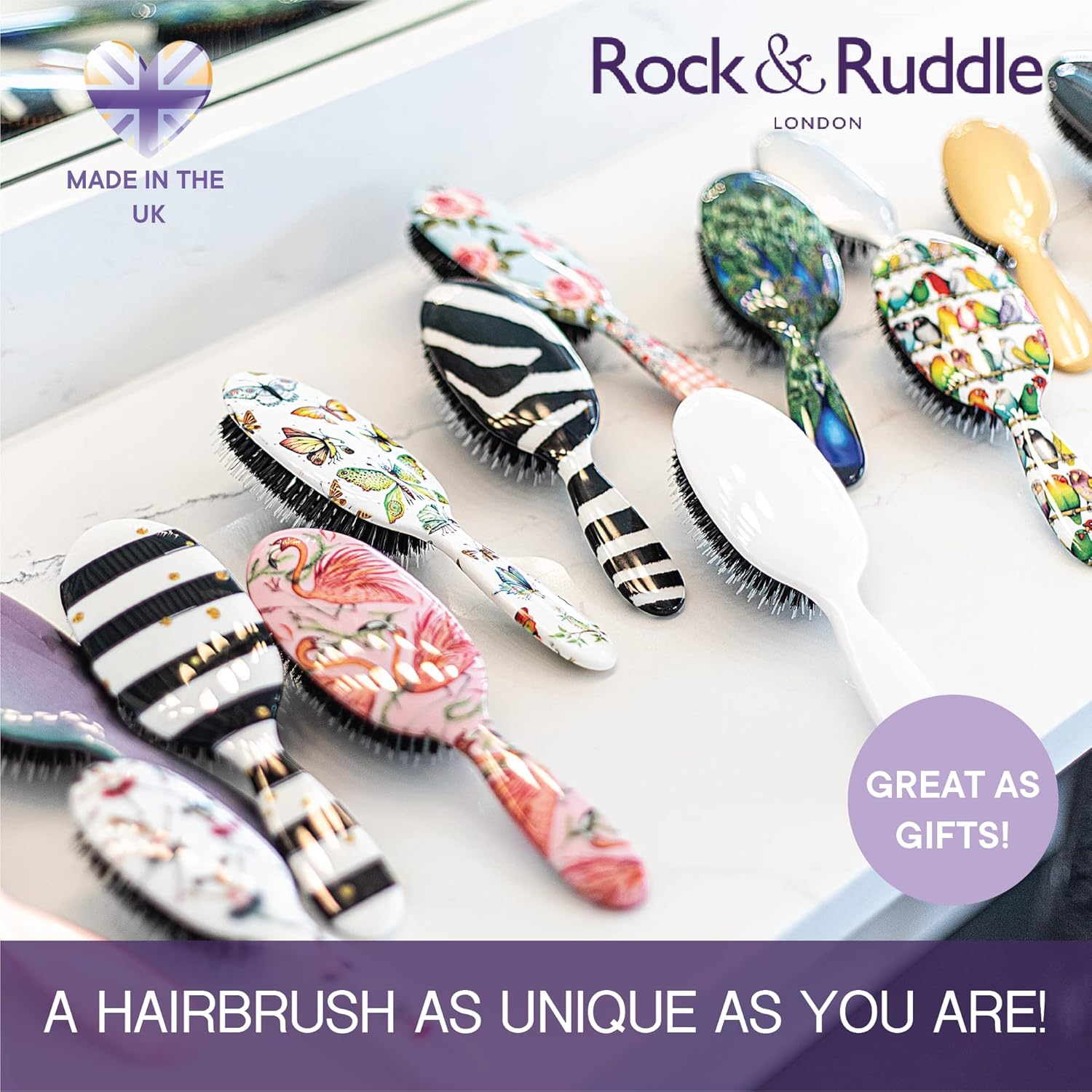 Rock & Ruddle Natural Mixed Boar Bristle Hair Brush for Women and Kids (Small 6.9") - Perfect for Wet or Dry Hair, Detangling Smoothing Blowdrying - Designed & Made in UK - Black Stardust Design - Image 7