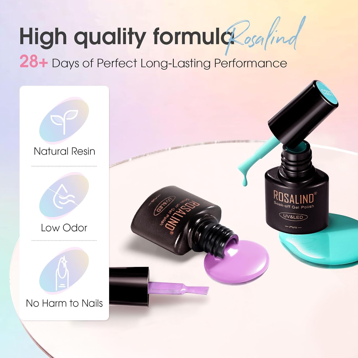ROSALIND 30pcs Gel Nail Polish Set with Base Gel Top Coat (Glossy Matte and Glitter), 26 Neon Bright Colors Gel Polish Pastel Summer Nail Gel Polish Soak Off U V Manicure Rainbow for Women - Image 4
