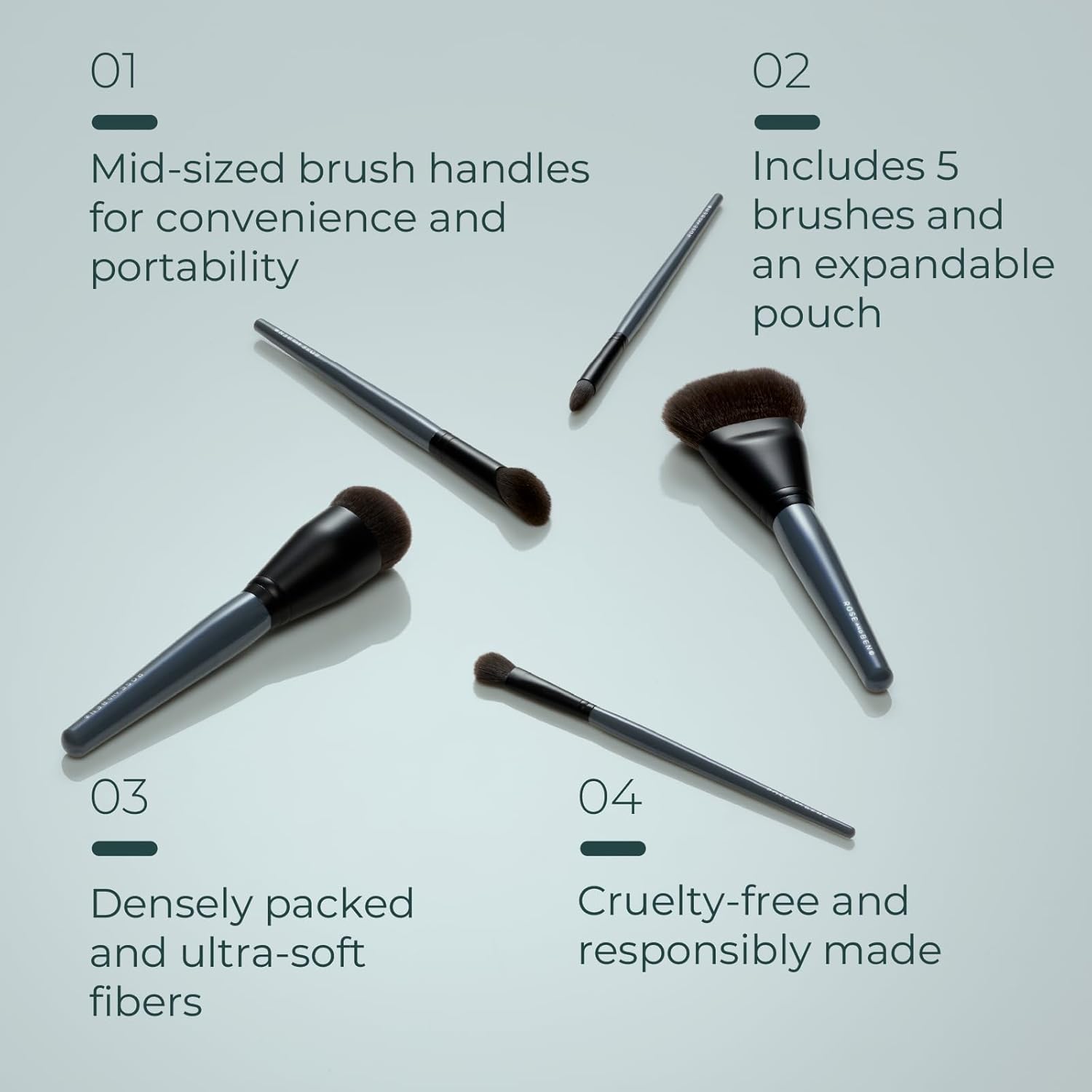 Rose and Ben Beauty Essential Travel 5 Piece Brush Set | Professional Blending Brush for Liquid & Cream Makeup | Cruelty Free - Image 3