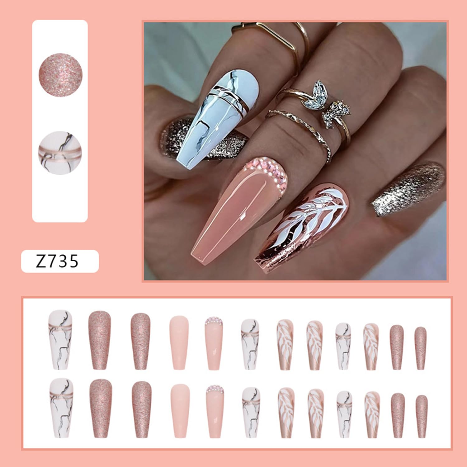 Rose Gold Glitter Press on Nails Square Extra Long Ballerina Fake Nails White Leaves Marble Pattern False Nails with Rhinestones Design Reusable Full Cover Artificial Nails with Glue Stick on Nails - Image 2