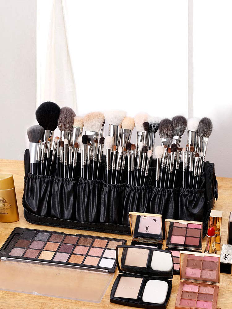 Rownyeon Professional Makeup Brushes Organizer Bag Makeup Artist Cosmetic Case Leather Handbag Black Travel Portable(Only Bag) - Image 5