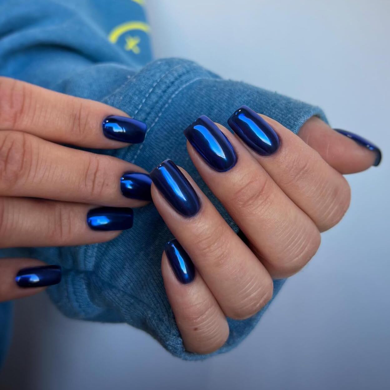 Royal Blue Chrome Glazed Medium Short Square Reusable Acrylic Press On Nails for Women - Image 3
