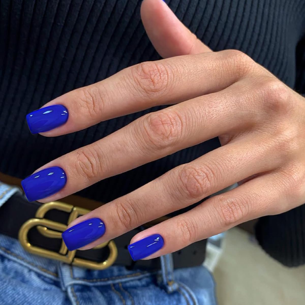 Royal Blue Press on Nails Short Medium Square Glue on Nails Set,KQueenest Solid Dark Color Fake Nails Short Coffin Acrylic Nails Press on Gel Nails for Women Reusable False Nails in 24 Pcs - Image 2