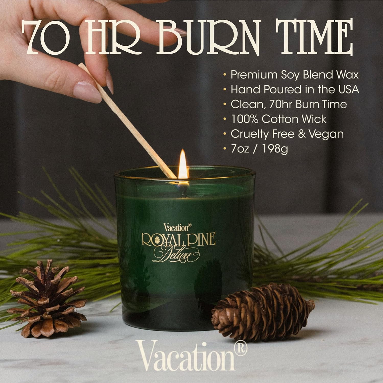 Royal Pine Deluxe Pine-Scented Candle by Vacation Sunscreen, Premium Soy-Blend Wax, 70-Hour Long Burning, Winter House Decor, Gift for Women & Men, 7 Oz. - Image 5