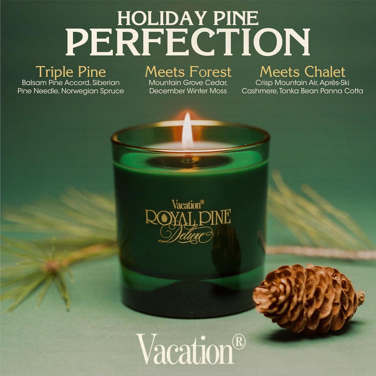 Royal Pine Deluxe Pine-Scented Candle by Vacation Sunscreen, Premium Soy-Blend Wax, 70-Hour Long Burning, Winter House Decor, Gift for Women & Men, 7 Oz. - Image 3