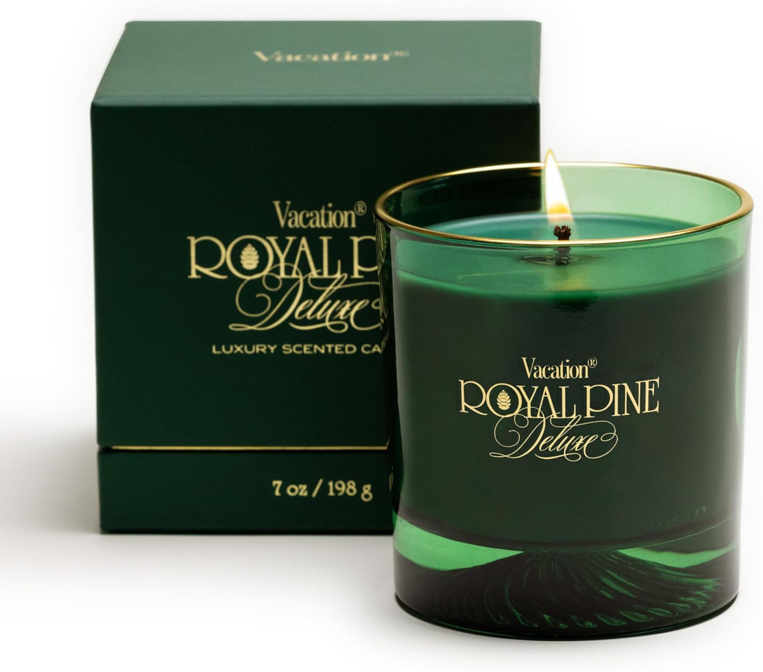 Royal Pine Deluxe Pine-Scented Candle by Vacation Sunscreen, Premium Soy-Blend Wax, 70-Hour Long Burning, Winter House Decor, Gift for Women & Men, 7 Oz.