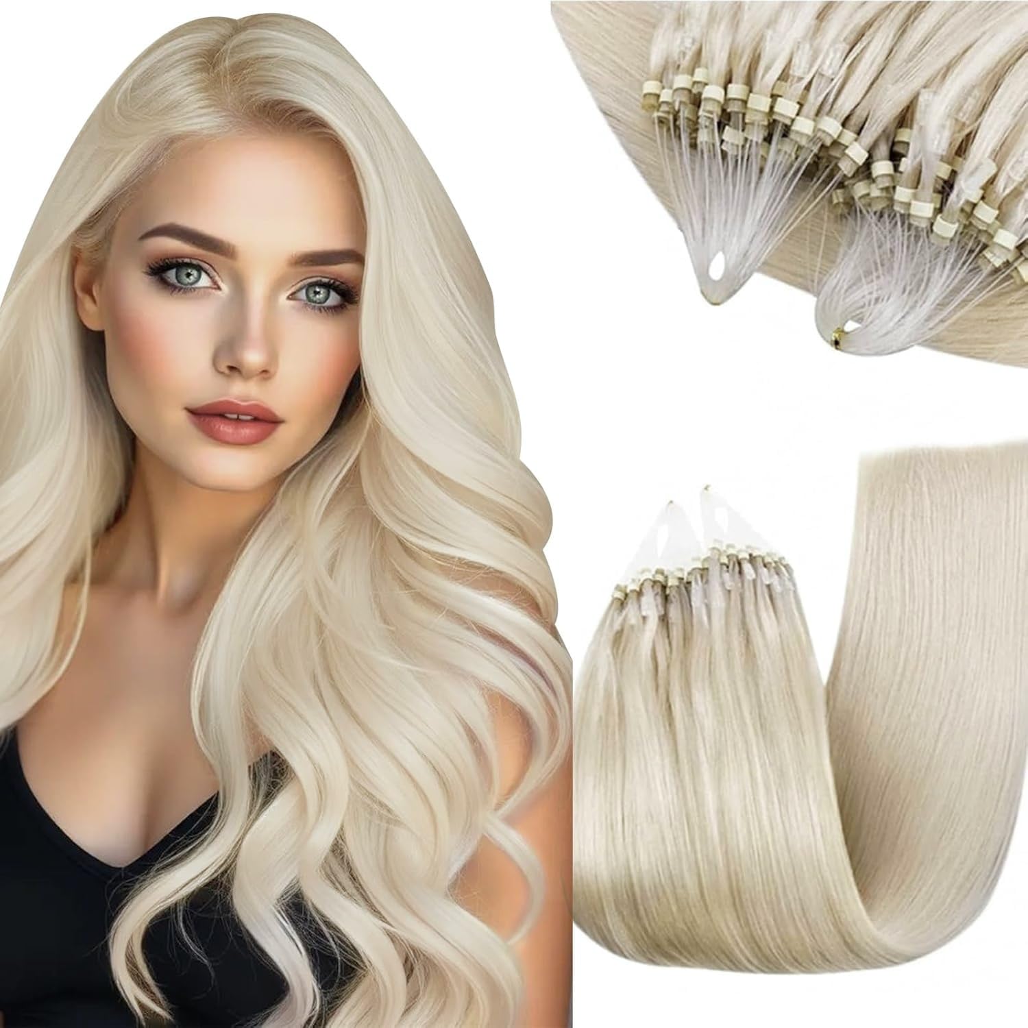 RUNATURE Microlink Hair Extensions Human Hair White Blonde Micro Bead Hair Extensions Real Human Hair #1000 Blonde Micro Beads Hair Extension Remy Fusion 14 Inch 50g 50s