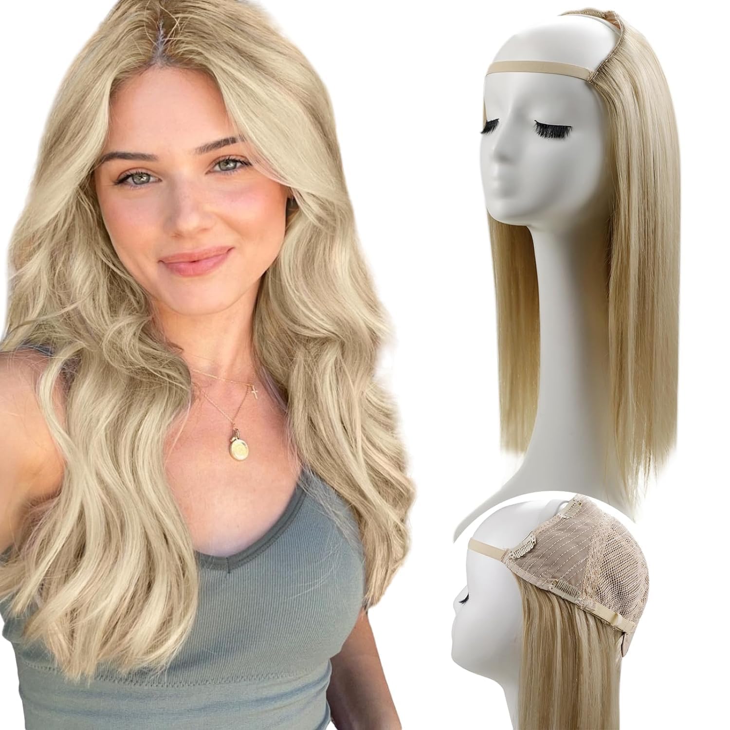 RUNATURE U Part Wig Human Hair Blonde, Brazilian Real Remy Hair for Women, Soft Straight U Part Human Hair Wig for Women, 20 Inch 150% Density #16P22 Dark Ash Blonde Highlight Light Blonde