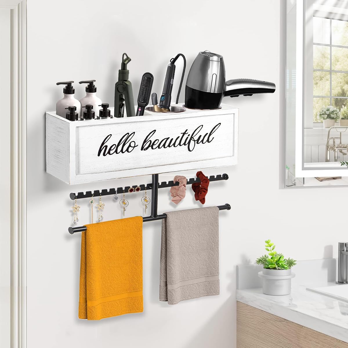 Rustic Hair Dryer Holder Wall Mounted,Hair Styling Tools & Accessories Organizer,Bathroom Supplies & hot Tools vanities Organizer Caddy,for Storage Flat Iron,Blow Dryer,Curling Iron,Towel - Image 2