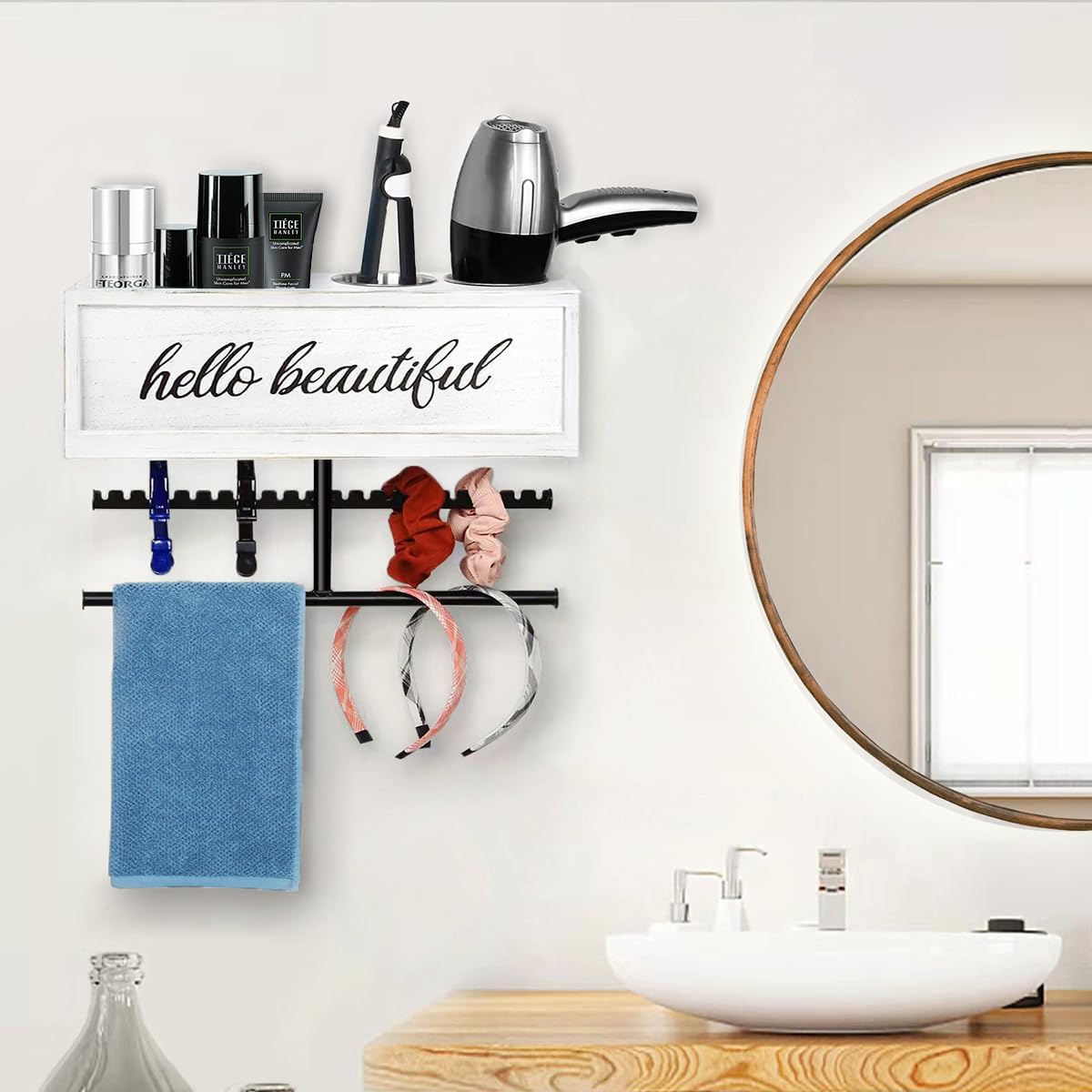 Rustic Hair Dryer Holder Wall Mounted,Hair Styling Tools & Accessories Organizer,Bathroom Supplies & hot Tools vanities Organizer Caddy,for Storage Flat Iron,Blow Dryer,Curling Iron,Towel - Image 3