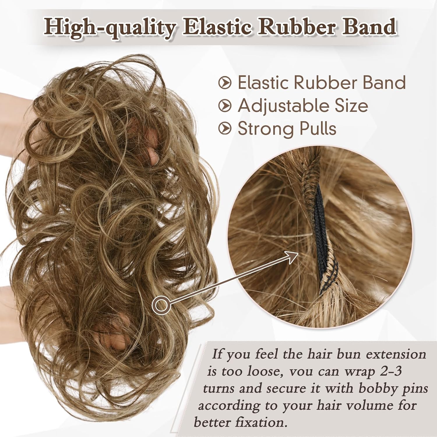 RUWISS Large Messy Bun Hair Piece 100% Human Hair Layered Wavy Curly Hair Buns Hair Piece for Women Thick Updo Hairpiece for Daily Wear Real Hair Ponytail Extension (Brown with Warm Blonde Highlights) - Image 4