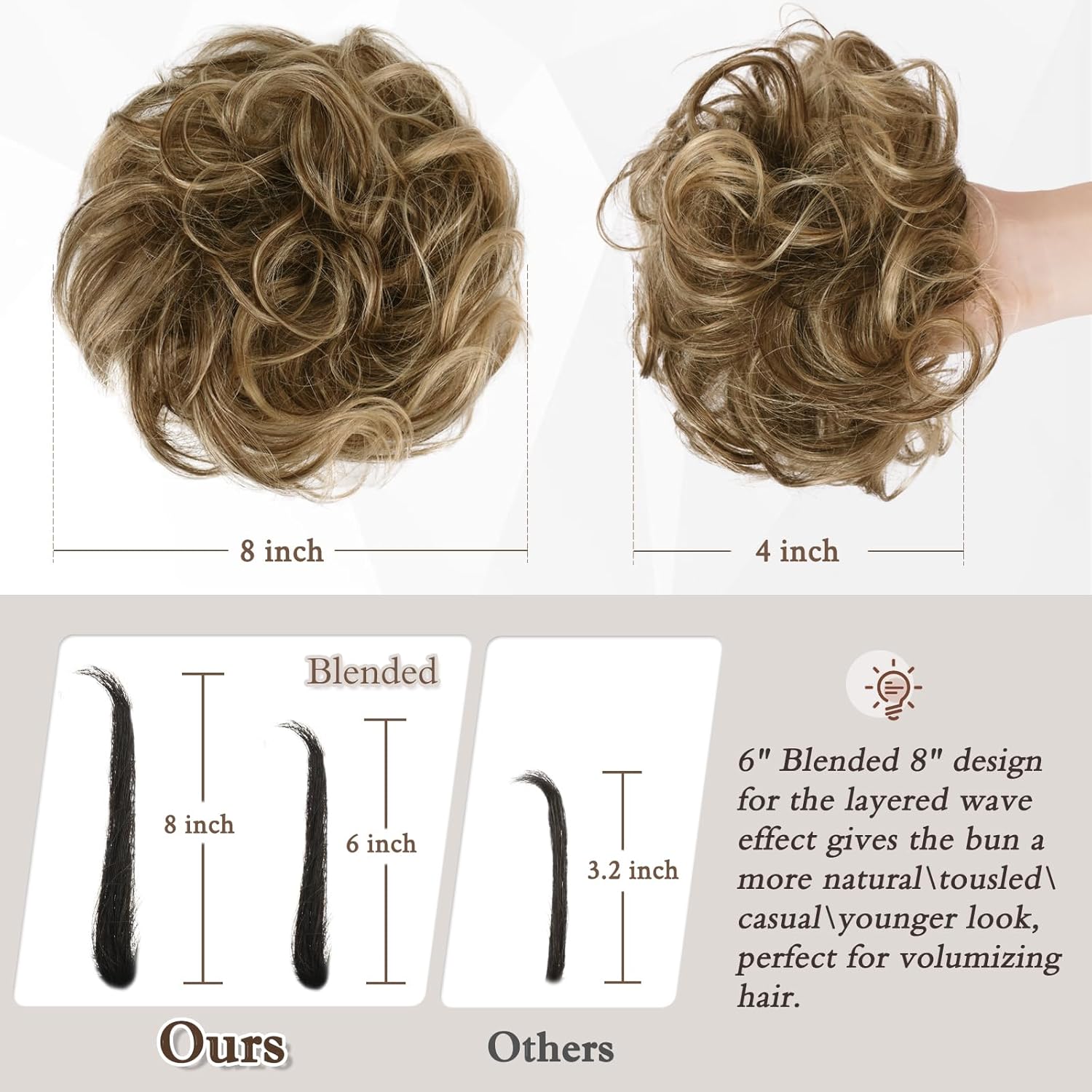 RUWISS Large Messy Bun Hair Piece 100% Human Hair Layered Wavy Curly Hair Buns Hair Piece for Women Thick Updo Hairpiece for Daily Wear Real Hair Ponytail Extension (Brown with Warm Blonde Highlights) - Image 3