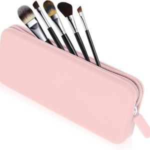 Sakolla Travel Makeup Brush Holder, Silicone Makeup Brush Bag with Zipper Closure, Makeup Brushes Organizer Case Washable Makeup Pouch Holder Case for Daily, Work, Essentials (Pink)