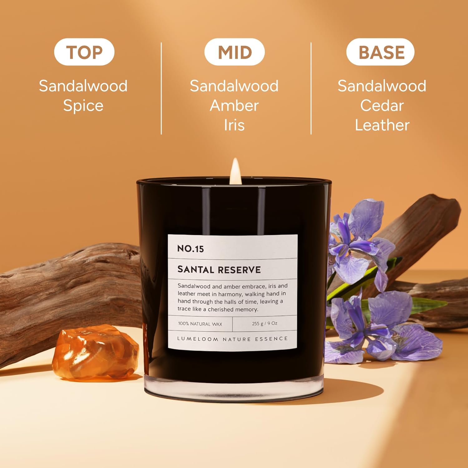 Santal Reserve Luxury Scented Candles, 9oz Soy Wax Candles for Home Scented, Sandalwood, Amber, Iris & Leather Scent, Long Burning Time, Gifts for Women, Men, Sister, Teacher - Image 2