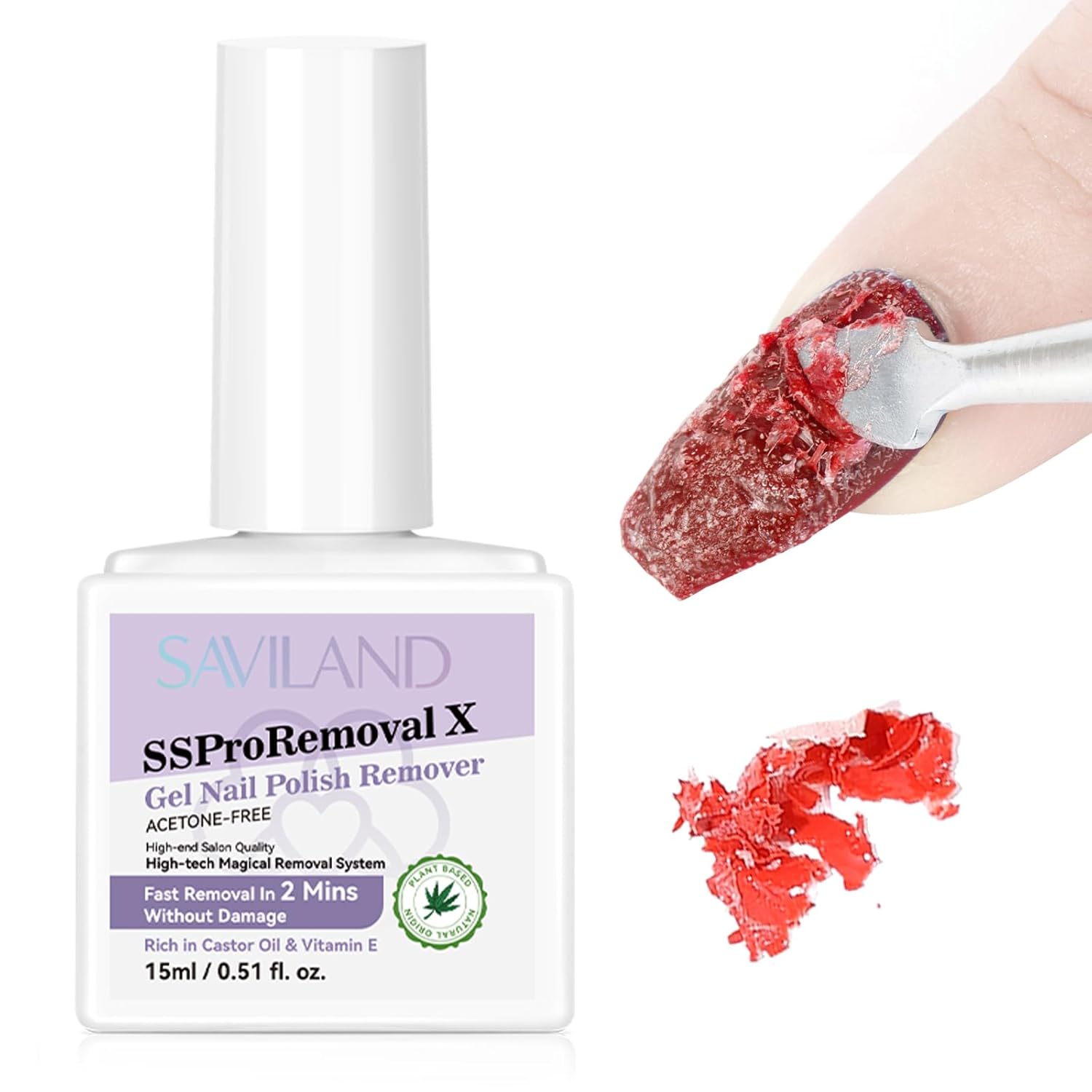 SAVILAND 2 Mins Gel Nail Polish Remover: SSProRemoval X Fast Removal Gel Remover for Nails with Castor Oil Vitamin E Gel Polish Remover for Acrylic Dip Nails Gel Nail Remover Home Salon Use 15 ML